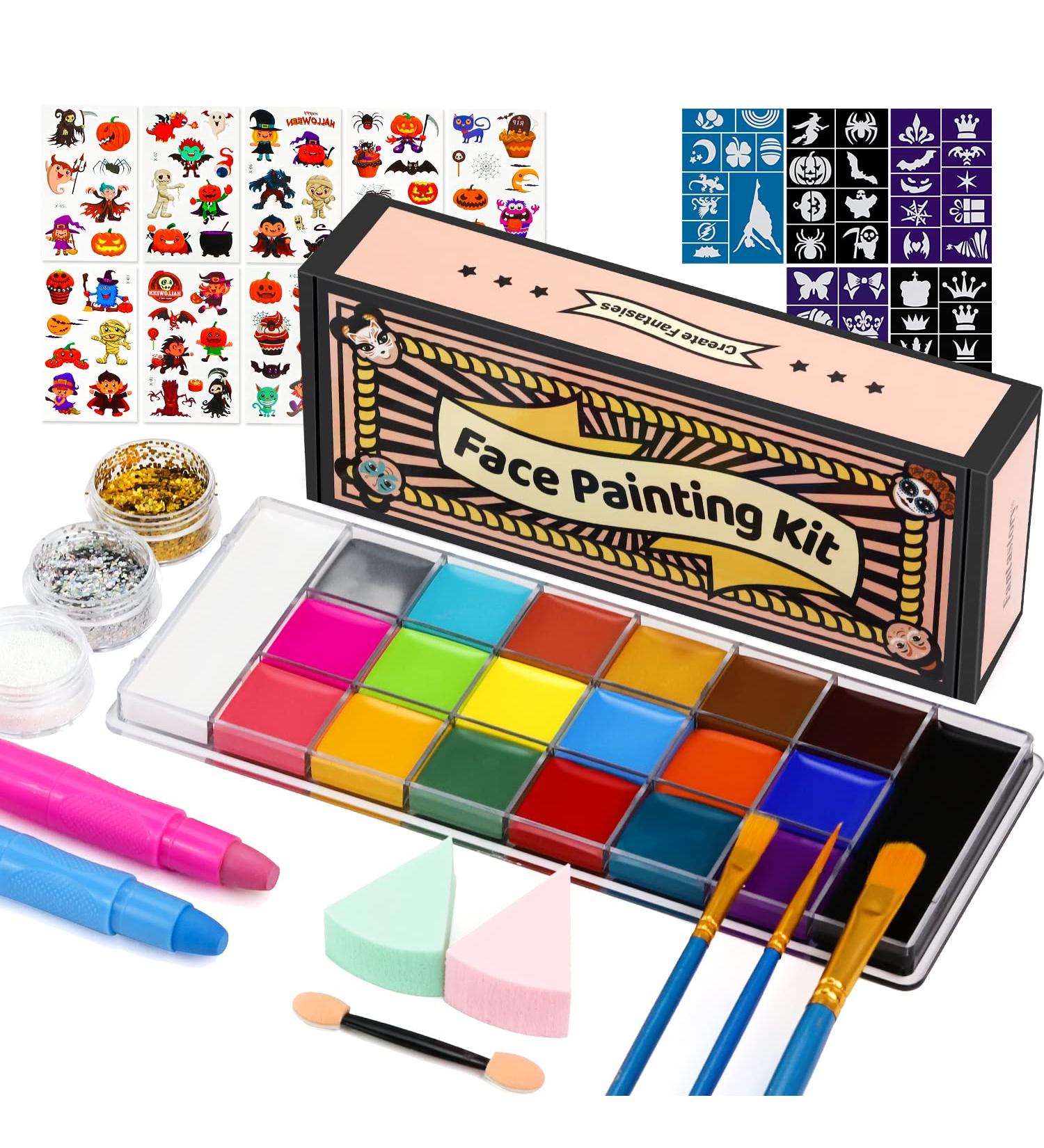 Fantastory Ultimate 158pcs Face Paint Kit for Halloween - 20 Colors, Glitters, Stencils, Hair Chalks, Tatto Stickers, Brushes & Guide - Professional Body & Face Painting Set - Buy Online on GoSupps.com