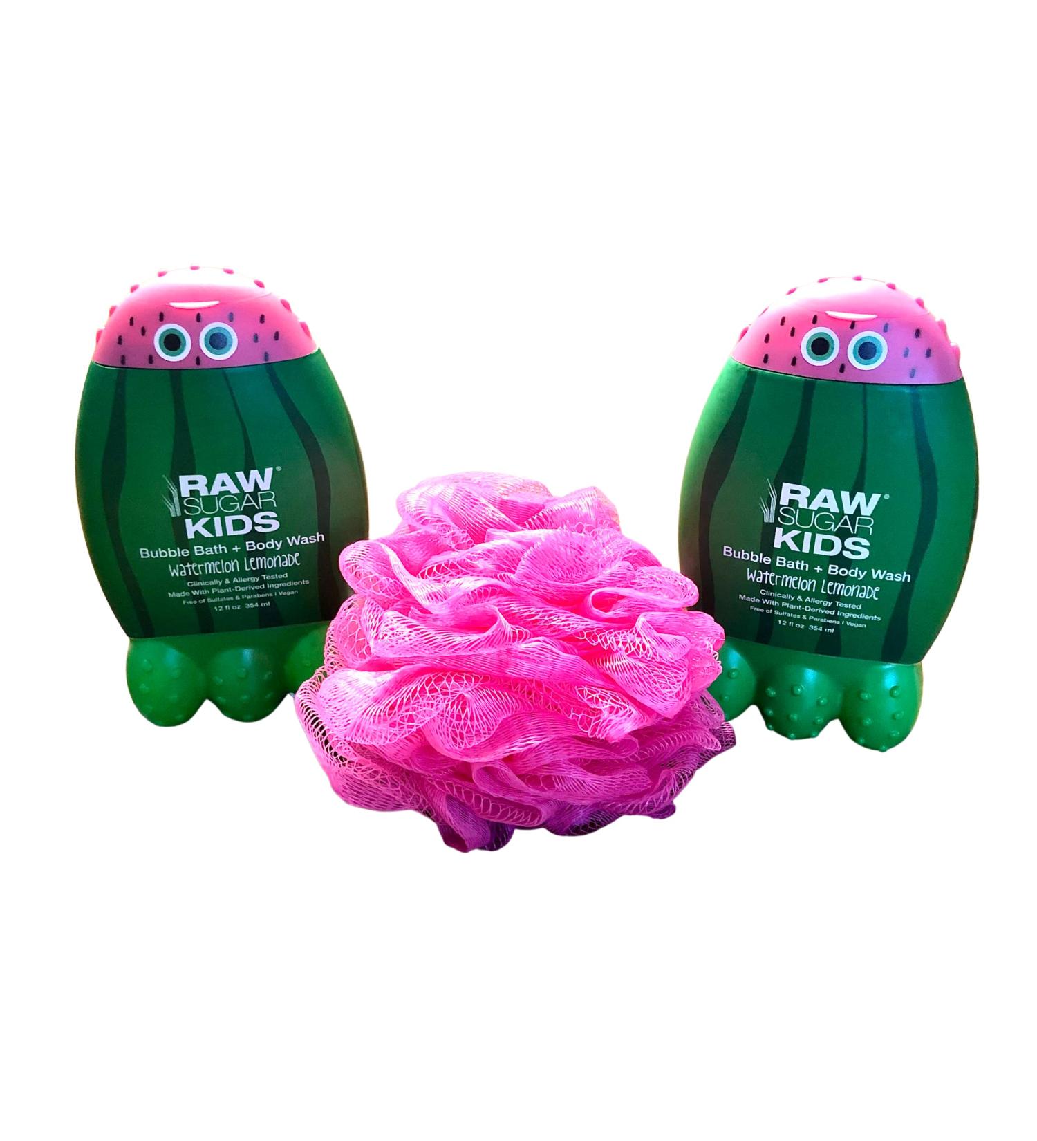RAW Sugar Kids Watermelon Lemonade Bubble Bath and Body Wash Bundle with Pink Loofah - 2 x 12 oz - Buy Online on GoSupps.com
