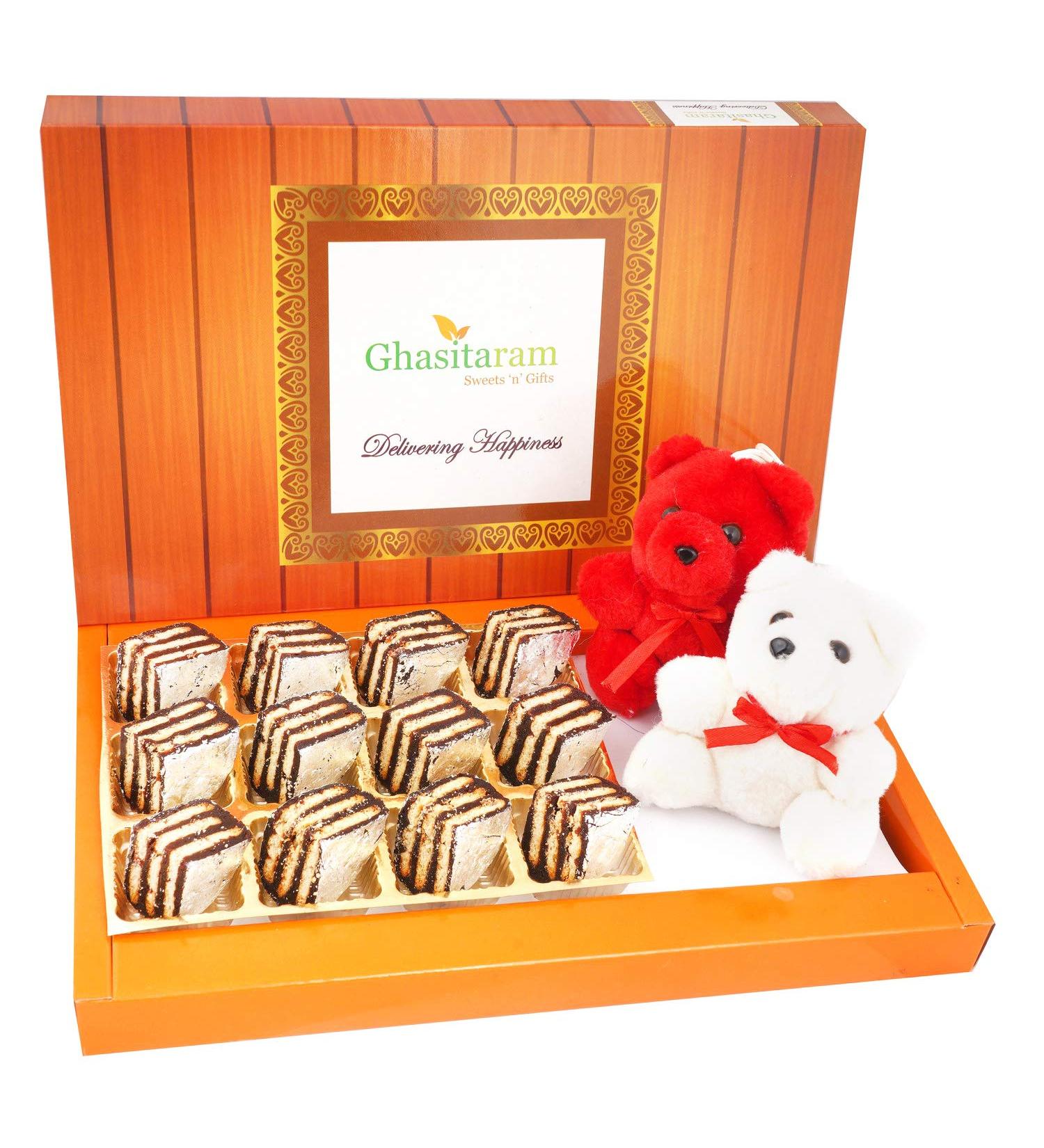 Ghasitaram Gifts Valentines Gift for Girlfriend/Boyfriend/Husband and Wife - Valentine Sweets Dates Delight and 2 Teddies - Buy Online on GoSupps.com