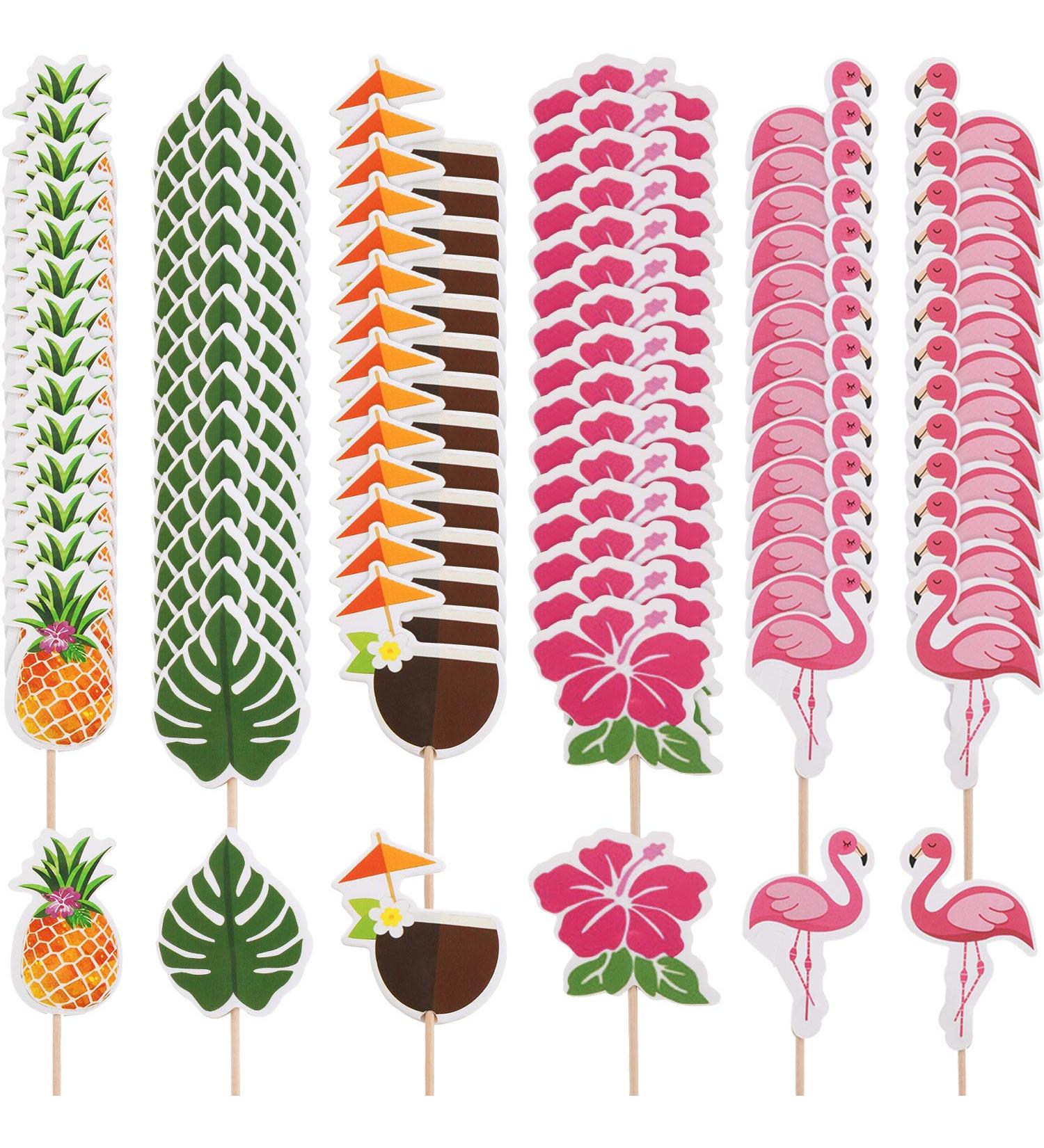 96 Pieces Tropical Hawaiian Cupcake Toppers Luau Summer Flamingo Pineapple Hibiscus Flowers Tropical Palm Leaves Cupcake Toppers Picks Party Supplies - Buy Online on GoSupps.com