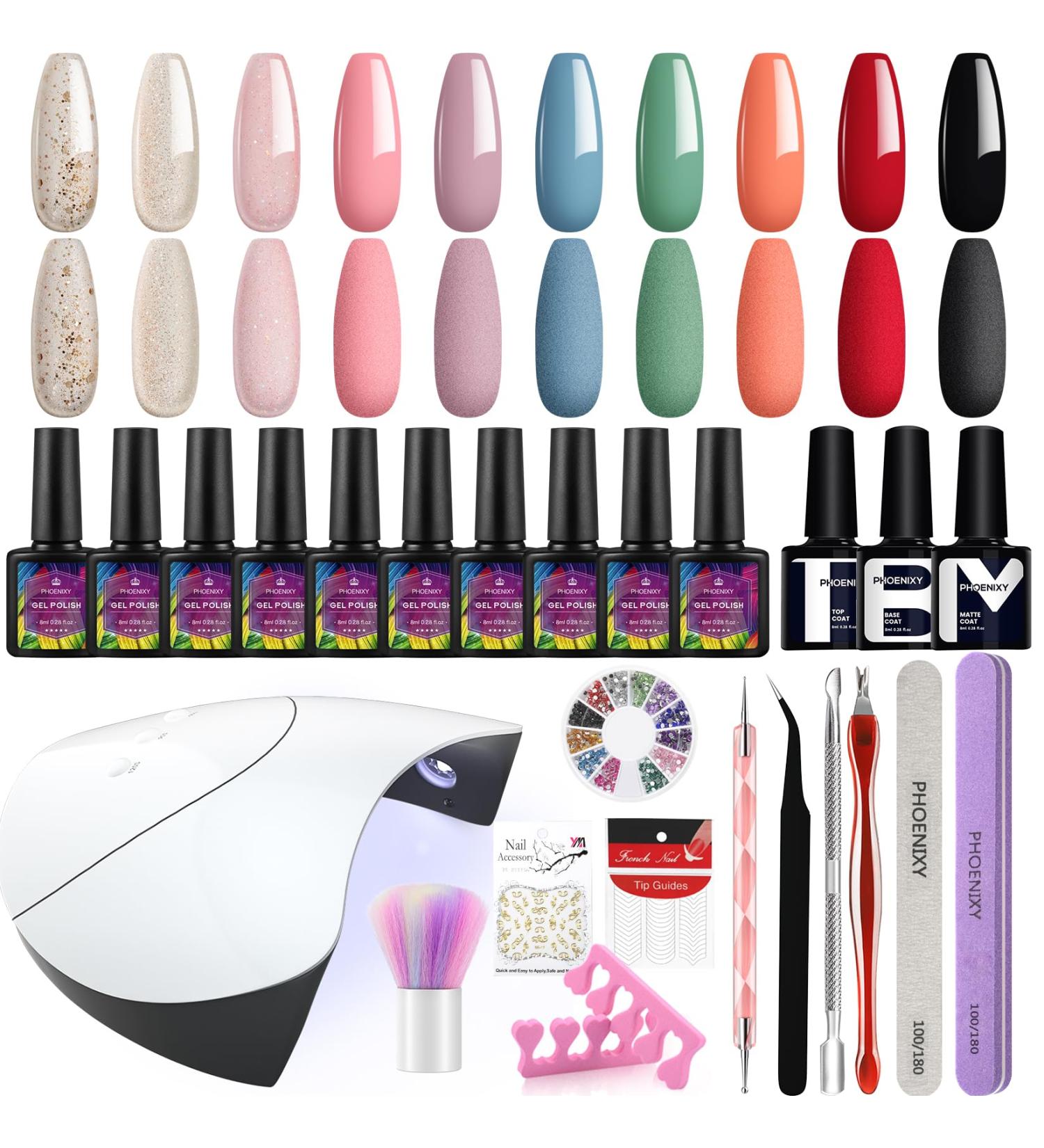 Phoenixy Gel Nail Polish Kit - 10 Colors Set with 36W Nail Lamp - Glossy Matte Base Top Coat - 25 PCS DIY Nail Art Starter Kit for Women - Perfect Christmas Gift - Gel Nail Polish Set - Buy Online on GoSupps.com