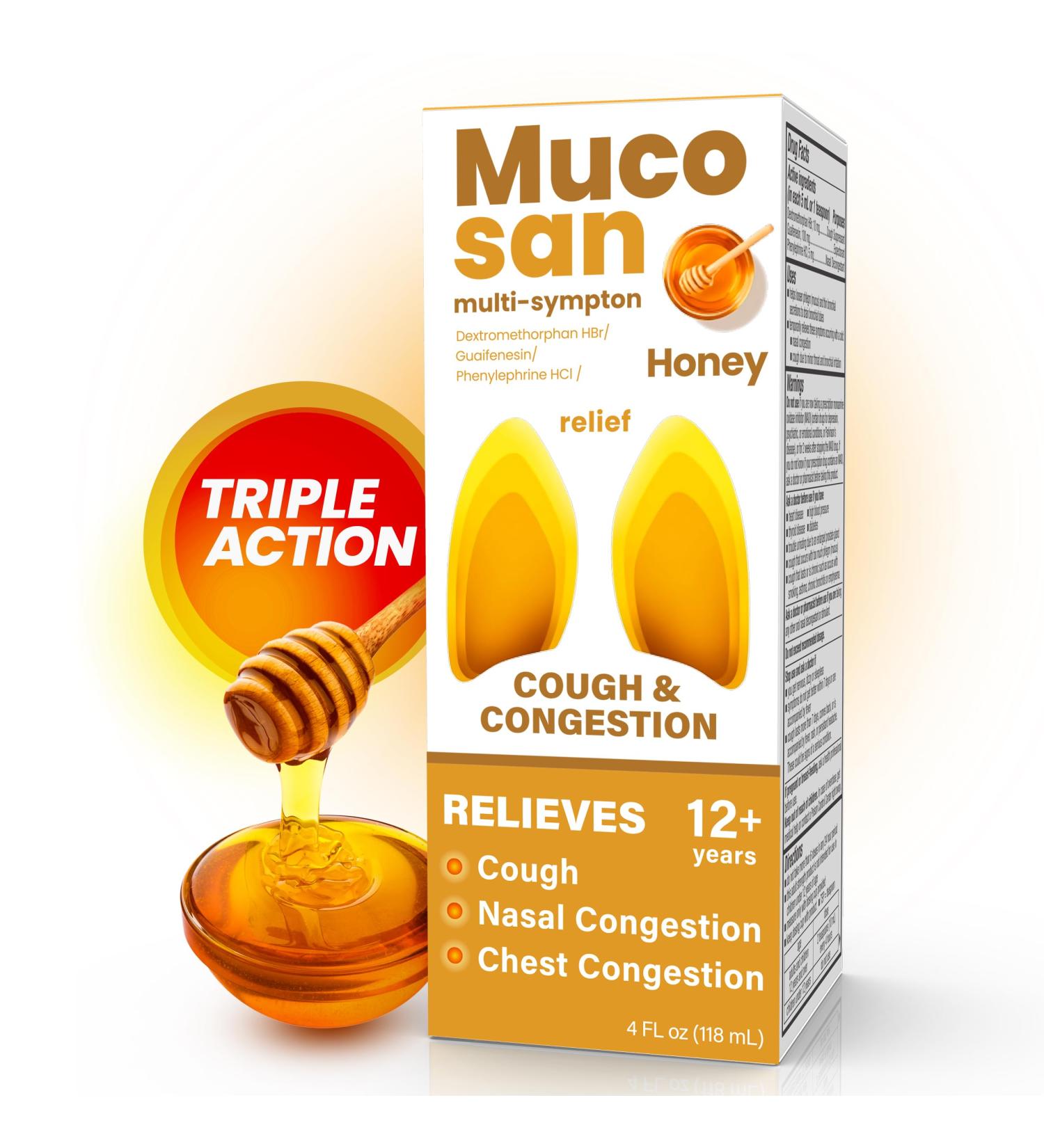 Mucosan Honey Flavor Cough & Congestion Medicine for Adults, Severe Cough Relief, Nasal Decongestant, Chest Congestion Relief, Expectorant, Mucus Relief, Cold & Flu Relief, 4 FL Oz, 1-Pack - Buy Online on GoSupps.com