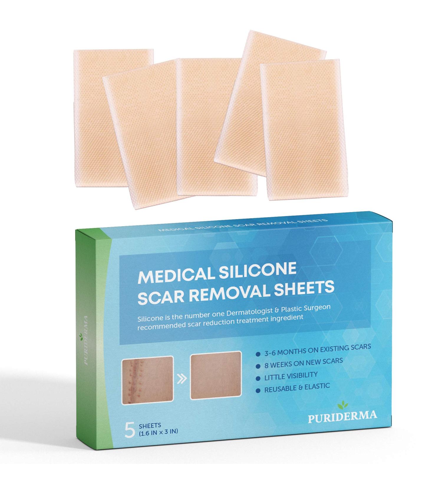 Puriderma Medical Silicone Scar Removal Sheets - Set of 5 | Fast & Effective on Keloid, Surgery, Burn, Acne, C-Section Scars - Buy Online on GoSupps.com