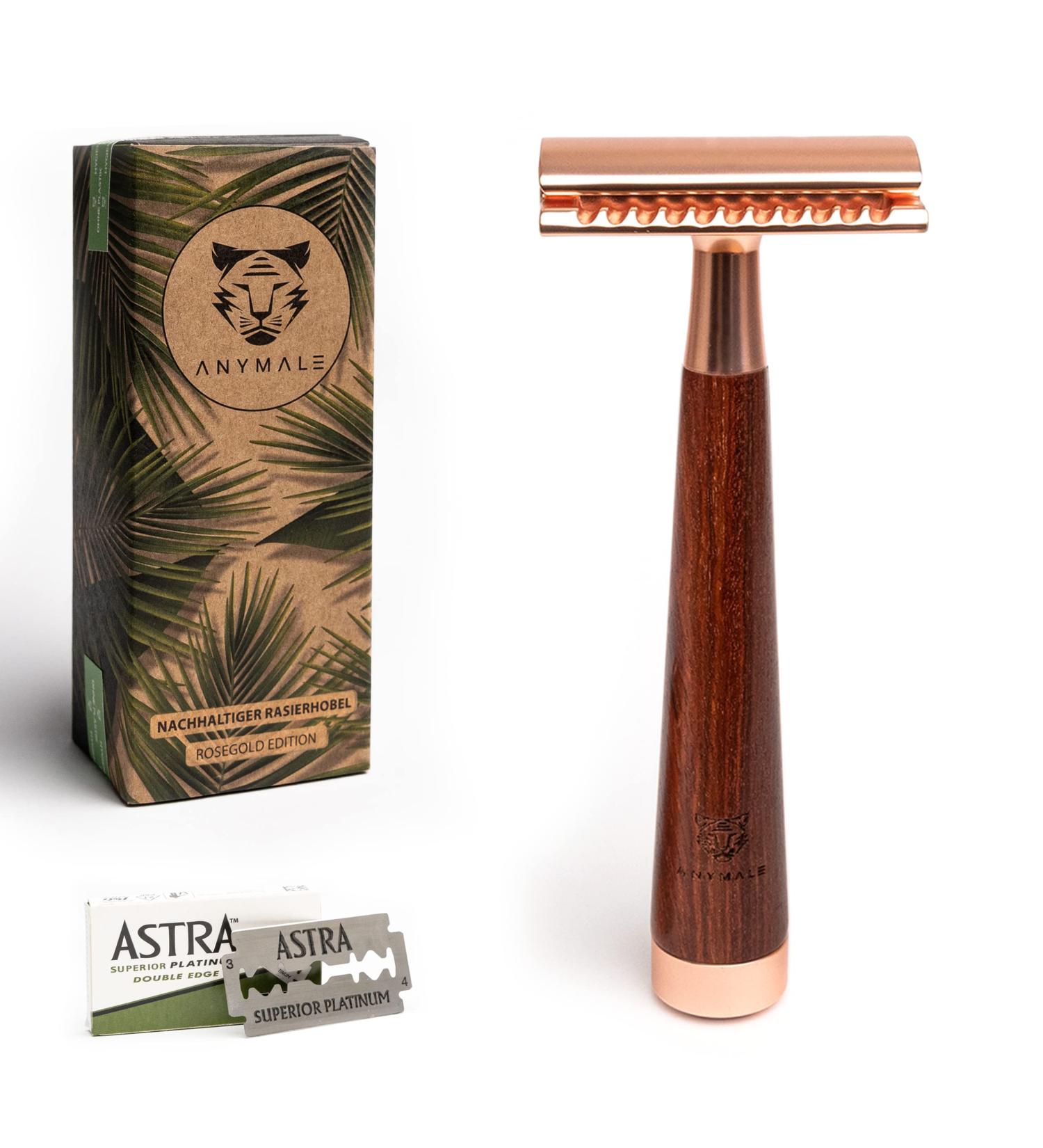 ANYMALE Safety Razor Rose Gold - Sustainable Sandalwood Ladies Set with 5 ASTRA Blades | Plastic-Free Gentle Wet Shaving - Buy Online on GoSupps.com