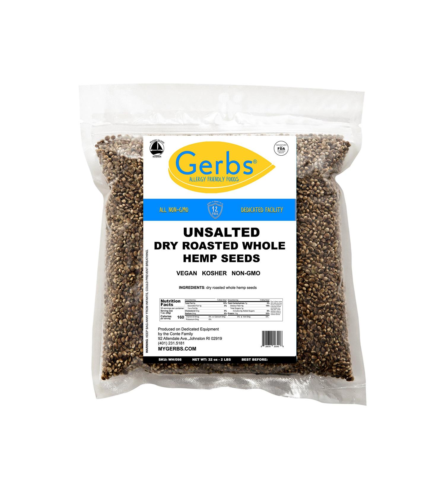 GERBS Roasted Unsalted Whole Hemp Seeds 2 LBS - Premium Grade, High in Magnesium, Protein & Fiber - Gluten Free, Non-GMO - Buy Online on GoSupps.com