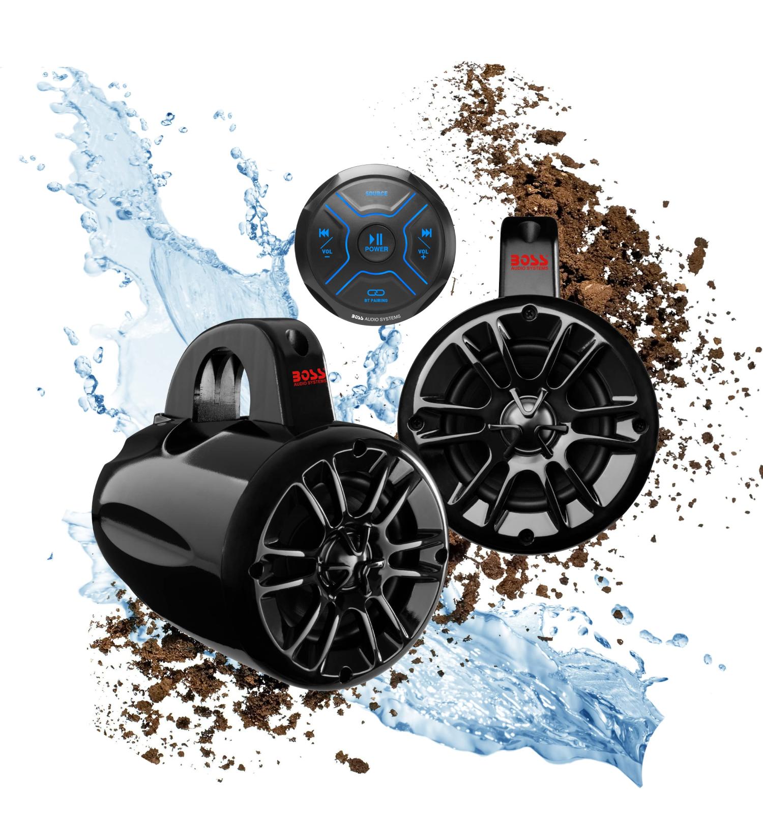 BOSS Audio Systems MG150T.4 Marine ATV UTV Waketower Speakers Package - Bluetooth, IPX6 Weatherproof, 2 CH Amplifier, USB/Aux-in, 4 Inch 2-Way Speakers - Buy Online on GoSupps.com