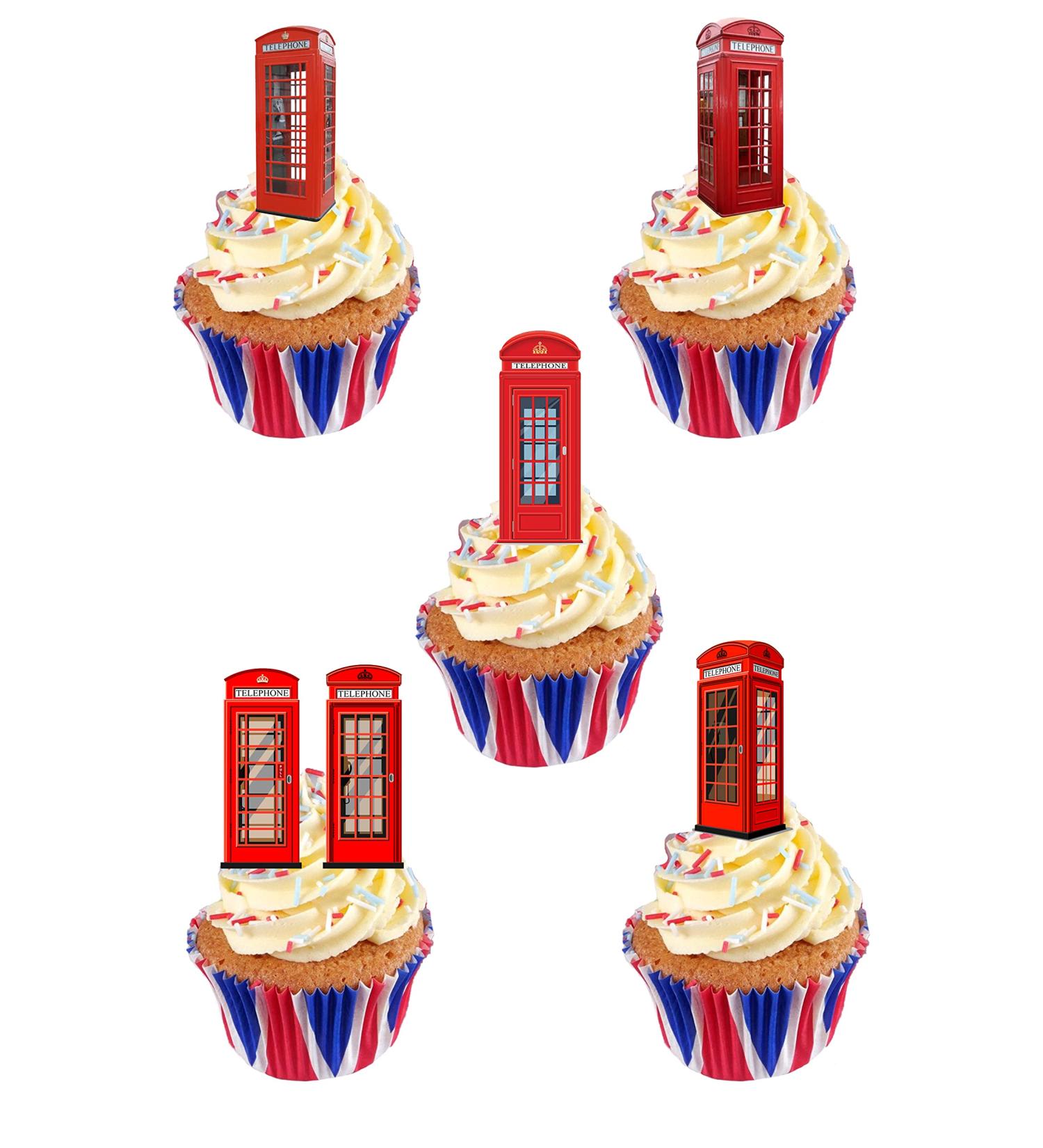 24 Stand Up Retro London TELEPHONE PHONE BOX Themed Edible Wafer paper Cake Toppers Decorations