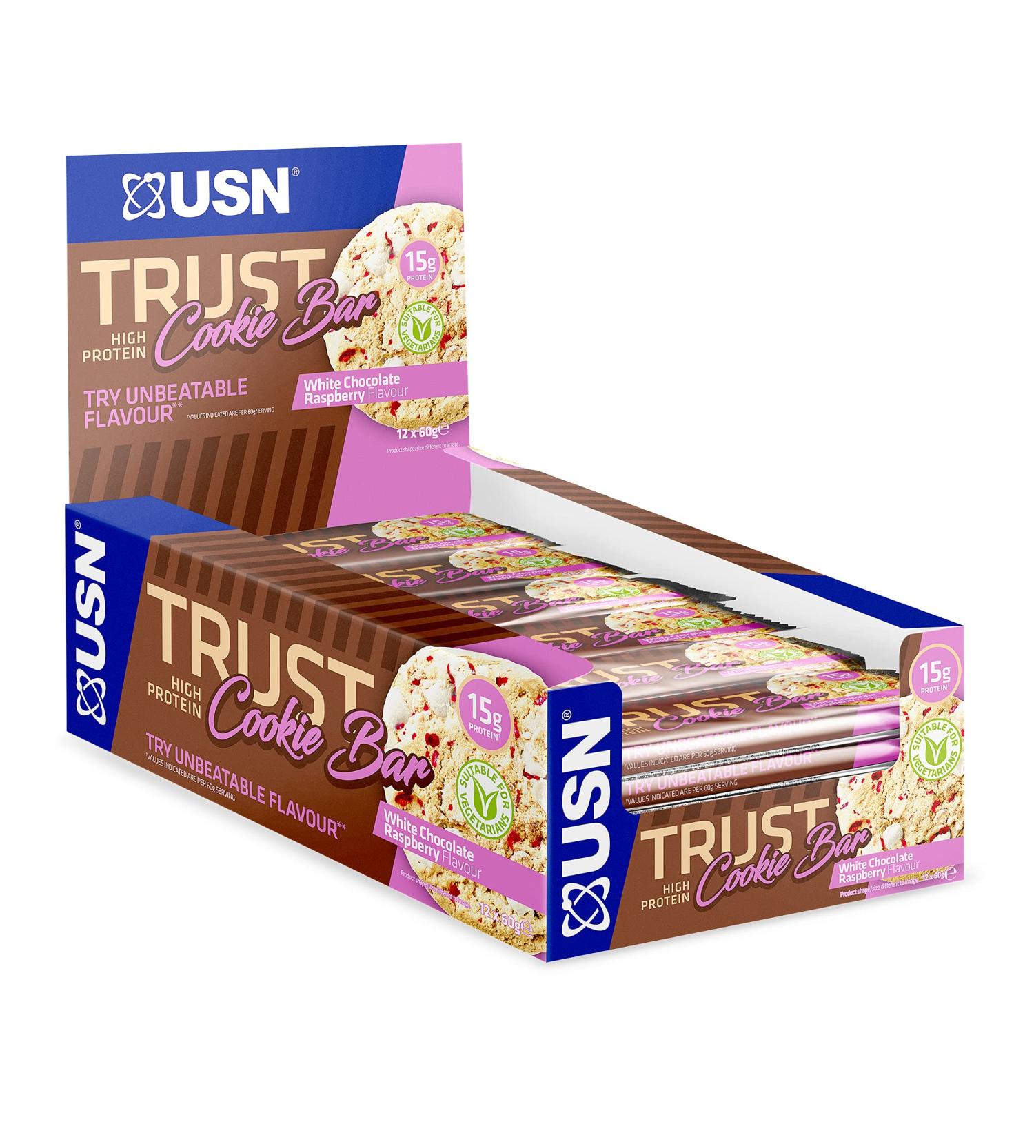 USN Trust Cookie Bar - White Chocolate & Raspberry Flavour Protein Bars Post-Workout Snack Box of 12 x 60g Bars SCB003 - Buy Online on GoSupps.com