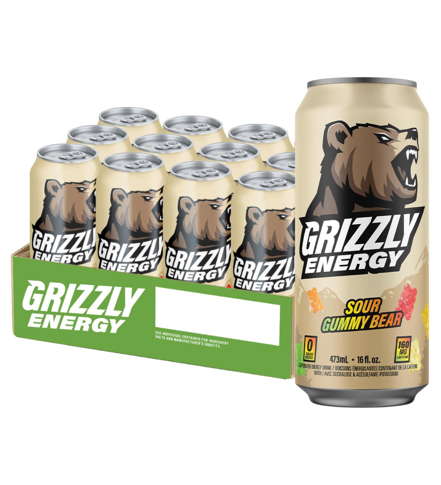 GRIZZLY Energy Drink Sour Gummy Bear Taurine B Vitamins & 160mg Caffeine - Energy Focus & Hydration Boost - 10 Calories Zero Sugar - No Artificial Taste Colours or Flavours - 16 fl oz (12 Pack Cans) - Buy Online on GoSupps.com