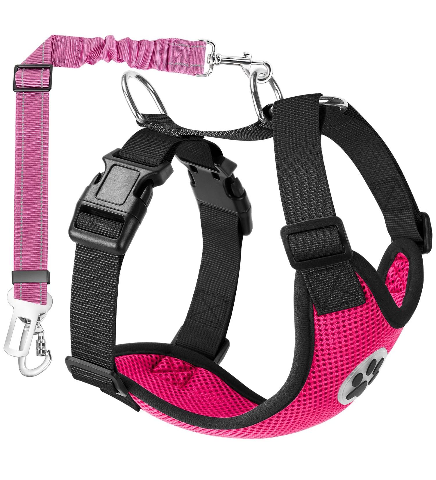 Slowton Dog Harness with Safety Belt for Car - Breathable Light Pink XS | Secure & Comfortable Seat Belt with 2 Carabiner Hooks - Buy Online on GoSupps.com