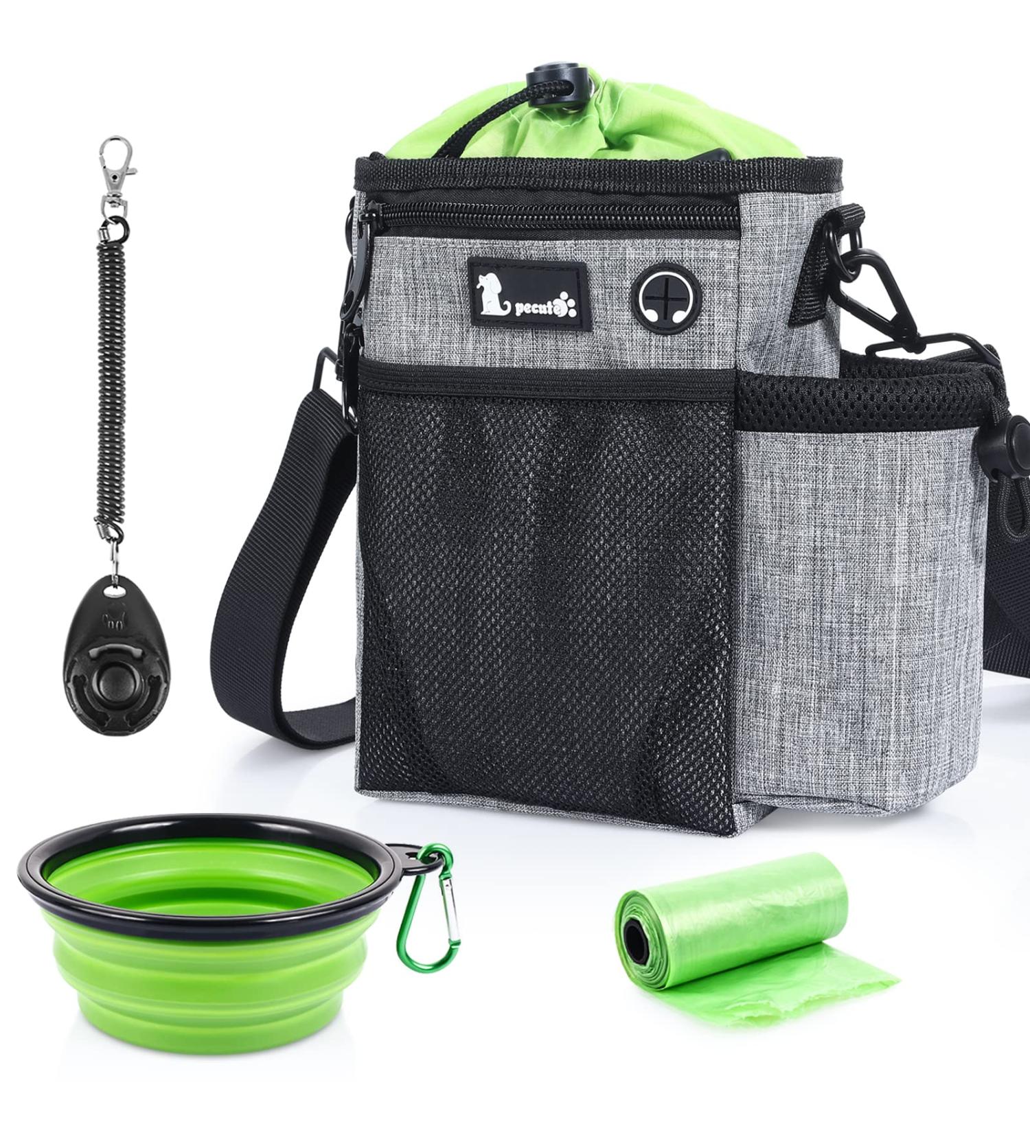 Pecute 4-in-1 Waterproof Dog Training Treat Bag | Robust Walking Bag with Feces Dispenser & Water Bowl - Gray & Green - Buy Online on GoSupps.com