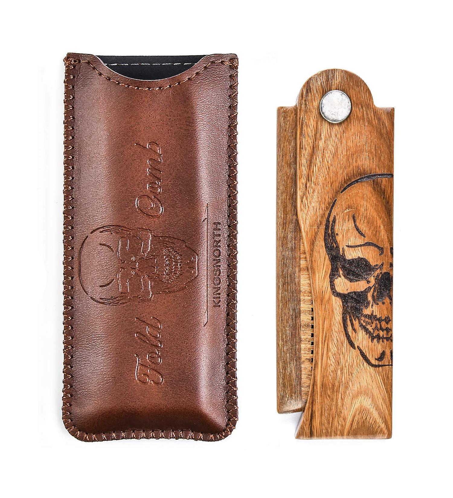 Menesia Men's Green Sandalwood Folding Pocket Beard Comb Set with Leather Case - Skull Design - Buy Online on GoSupps.com