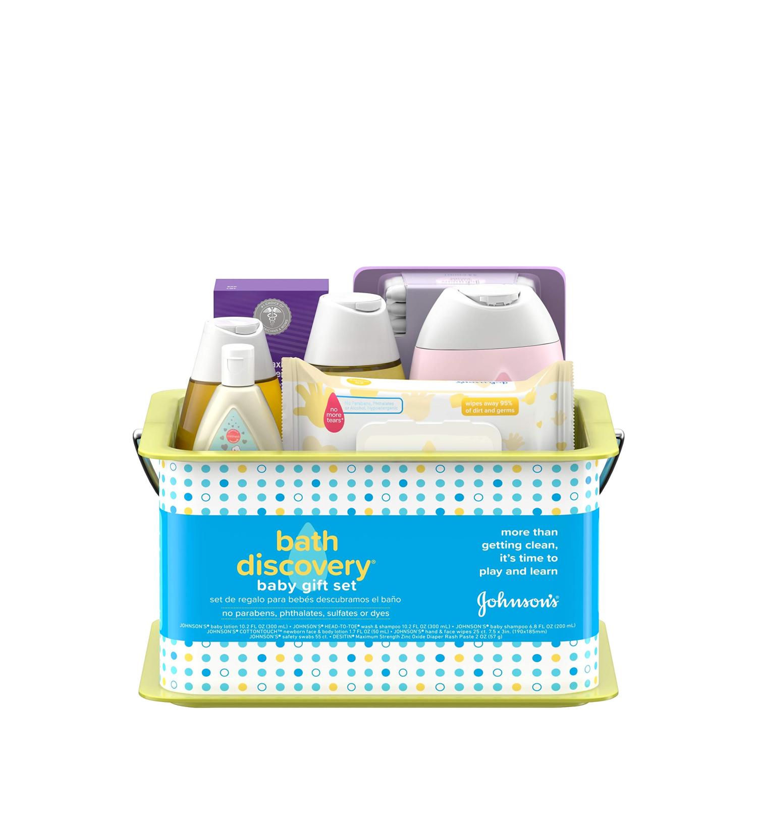 Johnson's Bath Discovery Gift Set for Parents-to-Be - Baby Bath Time Essentials Kit with Body Wash, Shampoo, Wipes, Lotion & Diaper Rash Cream - Buy Online on GoSupps.com