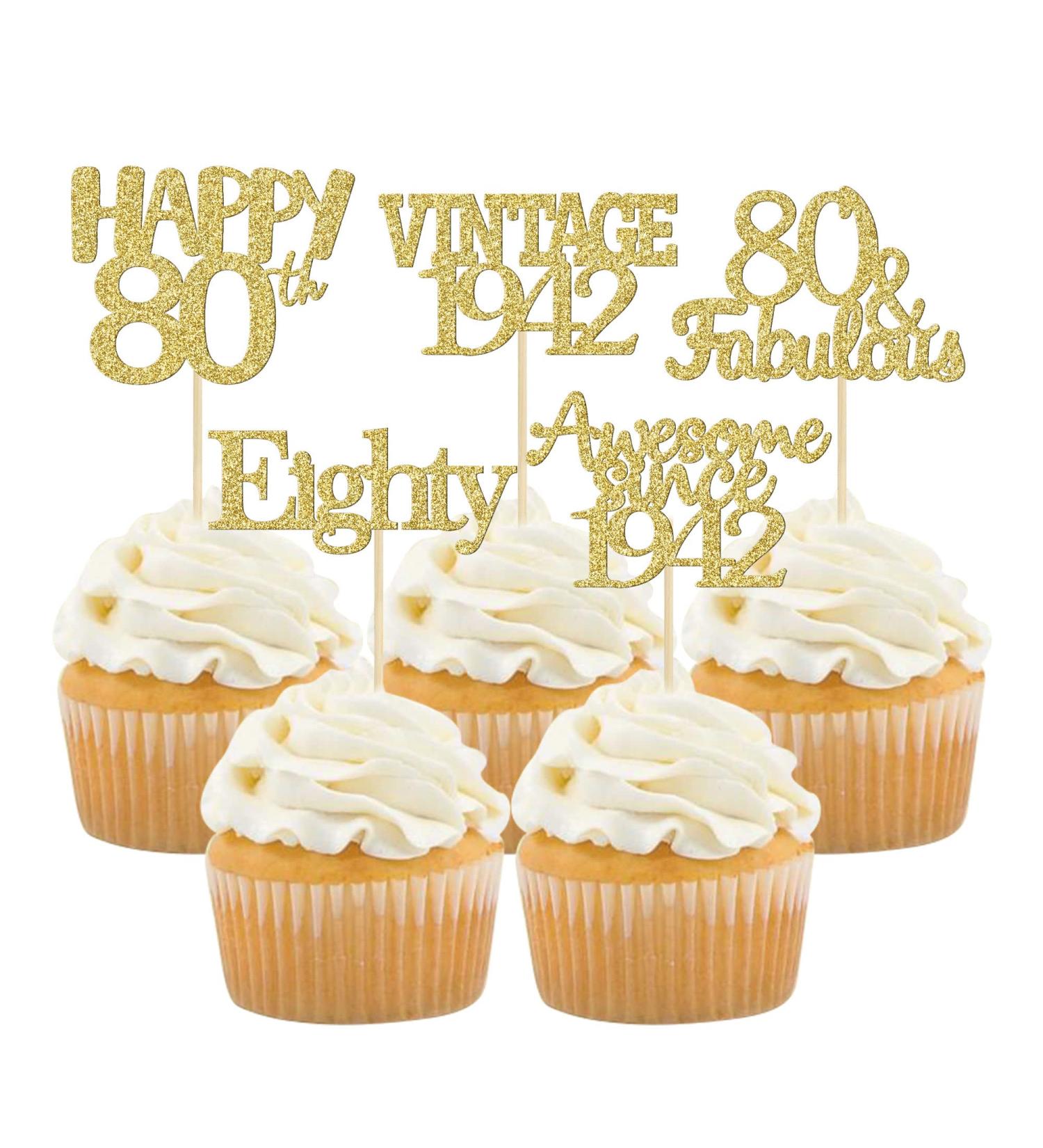 Gold Glitter 80th Birthday Cupcake Toppers - Vintage 1942 | Awesome Since 1942 | Hello 80 | Seventy & Fabulous Cake Decorations - Buy Online on GoSupps.com