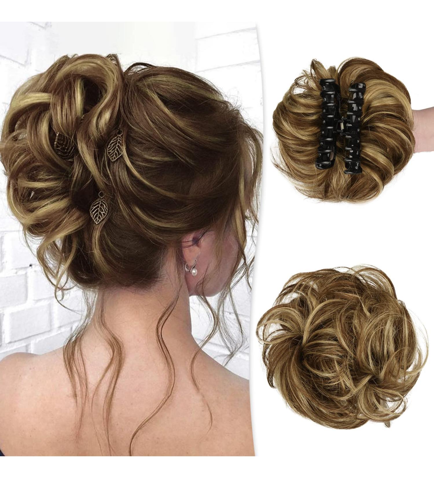 Chocolate Brown with Light Golden Blonde Highlights Real Human Hair Claw Clip Messy Bun Extension for Women - Buy Online on GoSupps.com