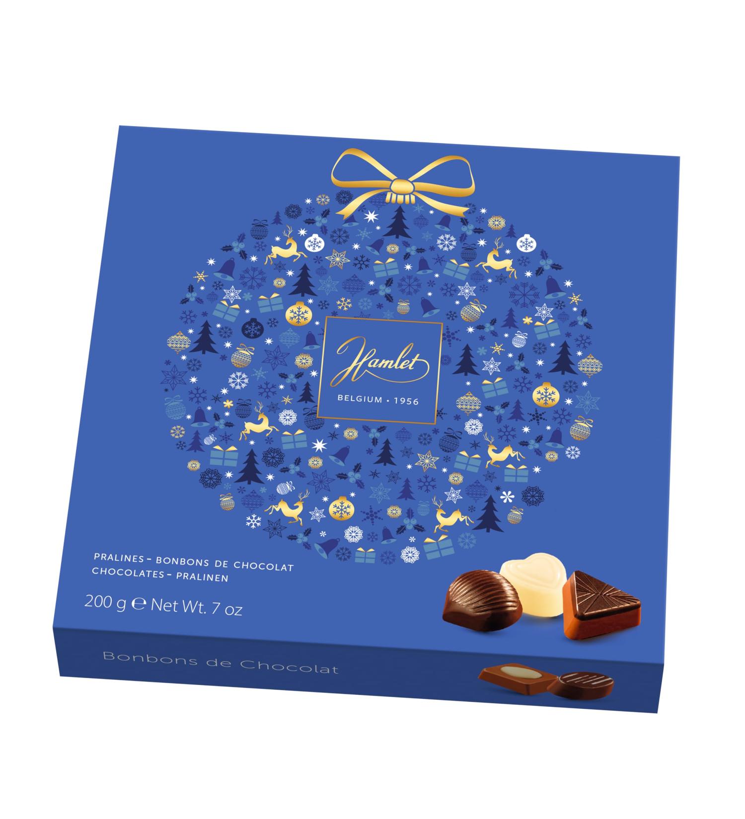 Hamlet Belgian Chocolate | Christmas Giftbox in Beautiful Blue Packaging | 20 pieces of Assorted White Milk & Dark Belgian Chocolate 200g - Buy Online on GoSupps.com