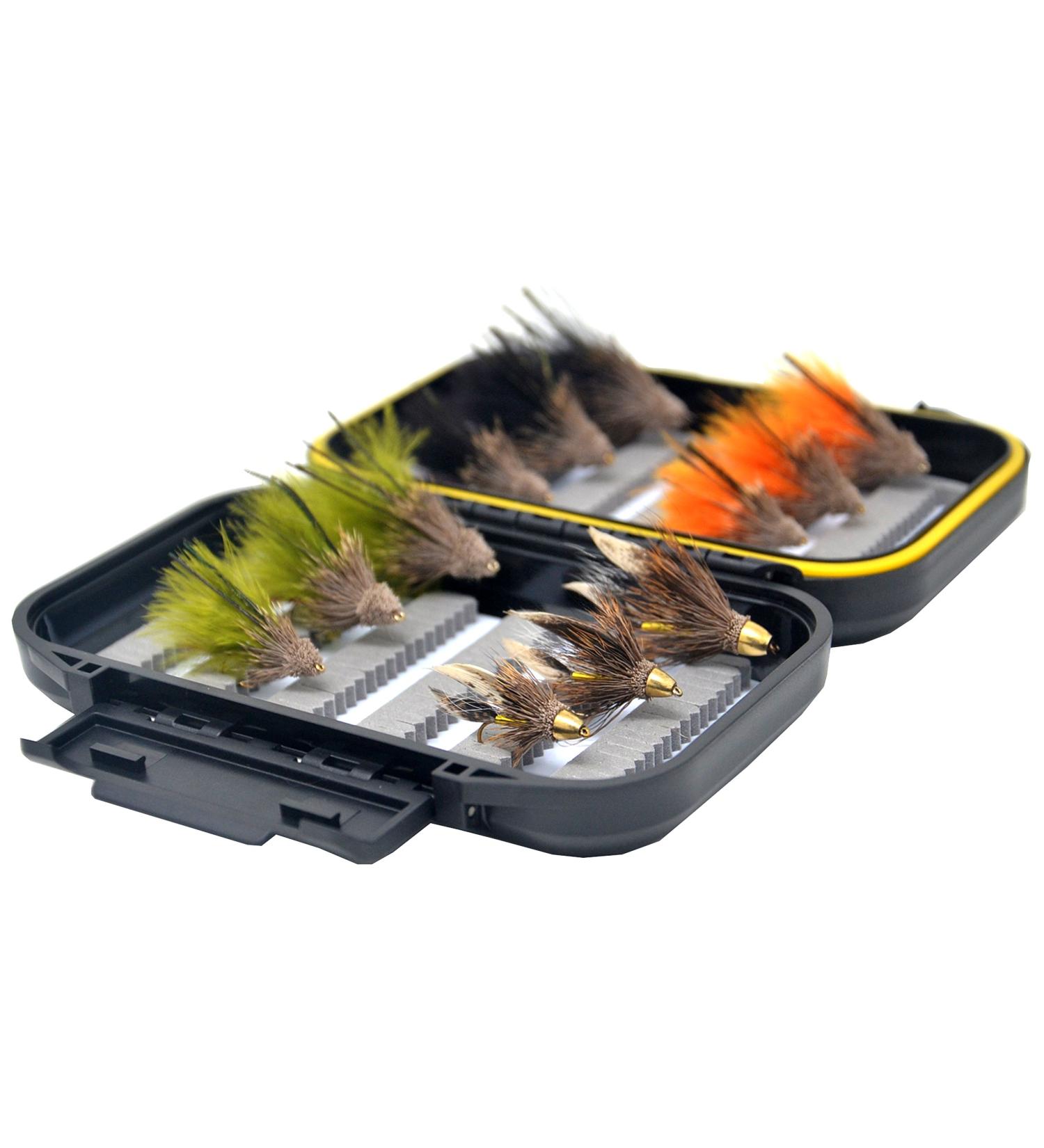 Outdoor Planet Go-to Dry Fly, Wet Fly, Nymph and Streamer Fly Lure Assotment + Waterproof Fly Box for Trout Fly Fishing Flies 12 Muddler Minnow + Black Waterproof Box