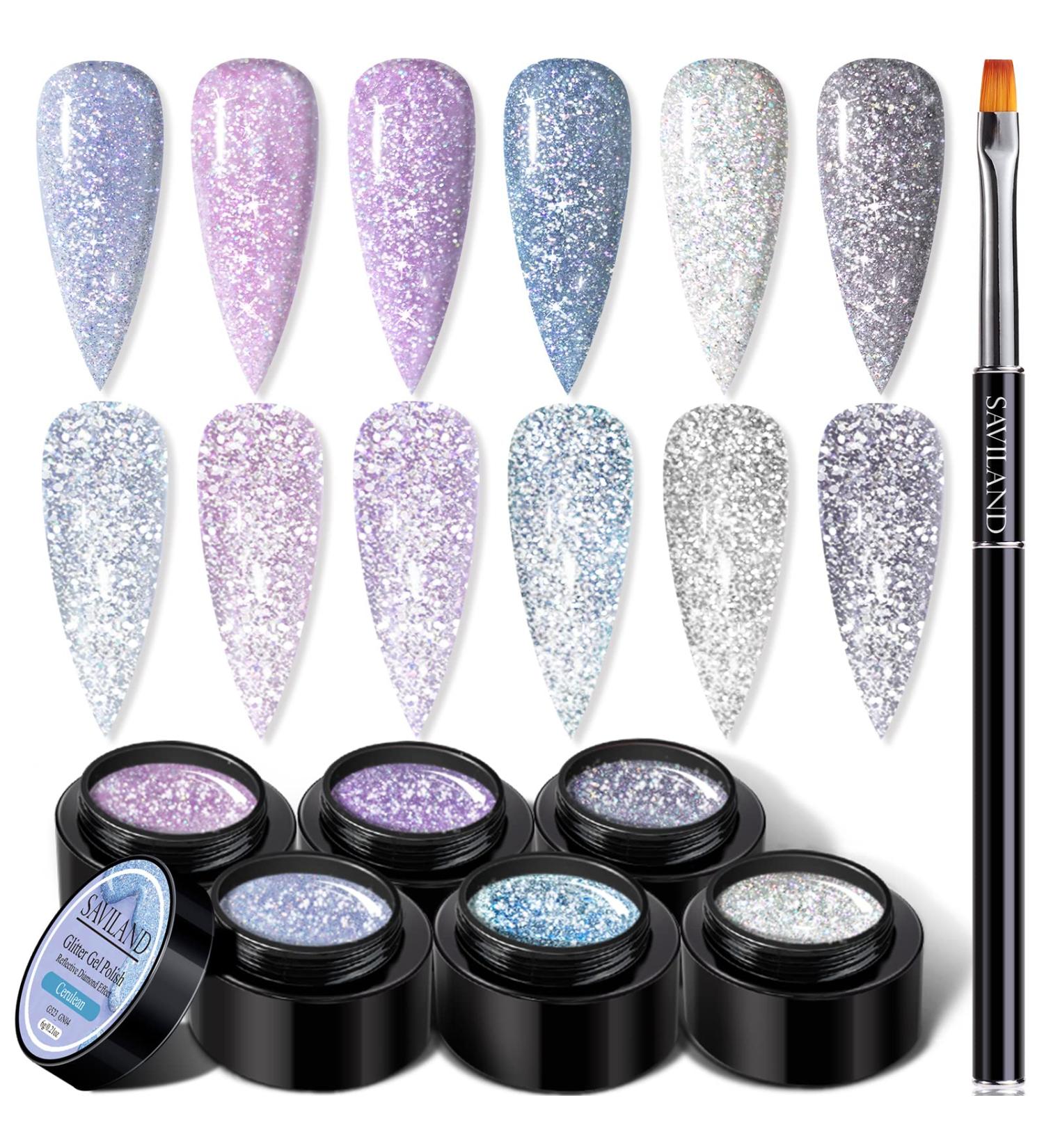 Saviland Sparkly UV Nail Polish Set - 6 Reflective Glitter Colors Soak Off Gel Manicure Kit with Nail Brush - Perfect for Stunning Nail Designs - Buy Online on GoSupps.com