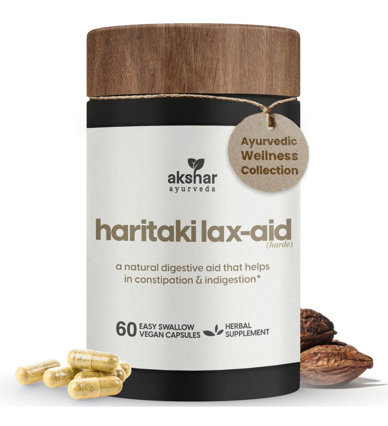 AKSHAR Ayurveda - Haritaki Lax Aid Capsules for Natural Constipation Relief & Indigestion Support - Plant Based Digestive Aid for Regularity & Gentle Rejuvenation - Vegan Cruelty Free (60 Count) - Buy Online on GoSupps.com