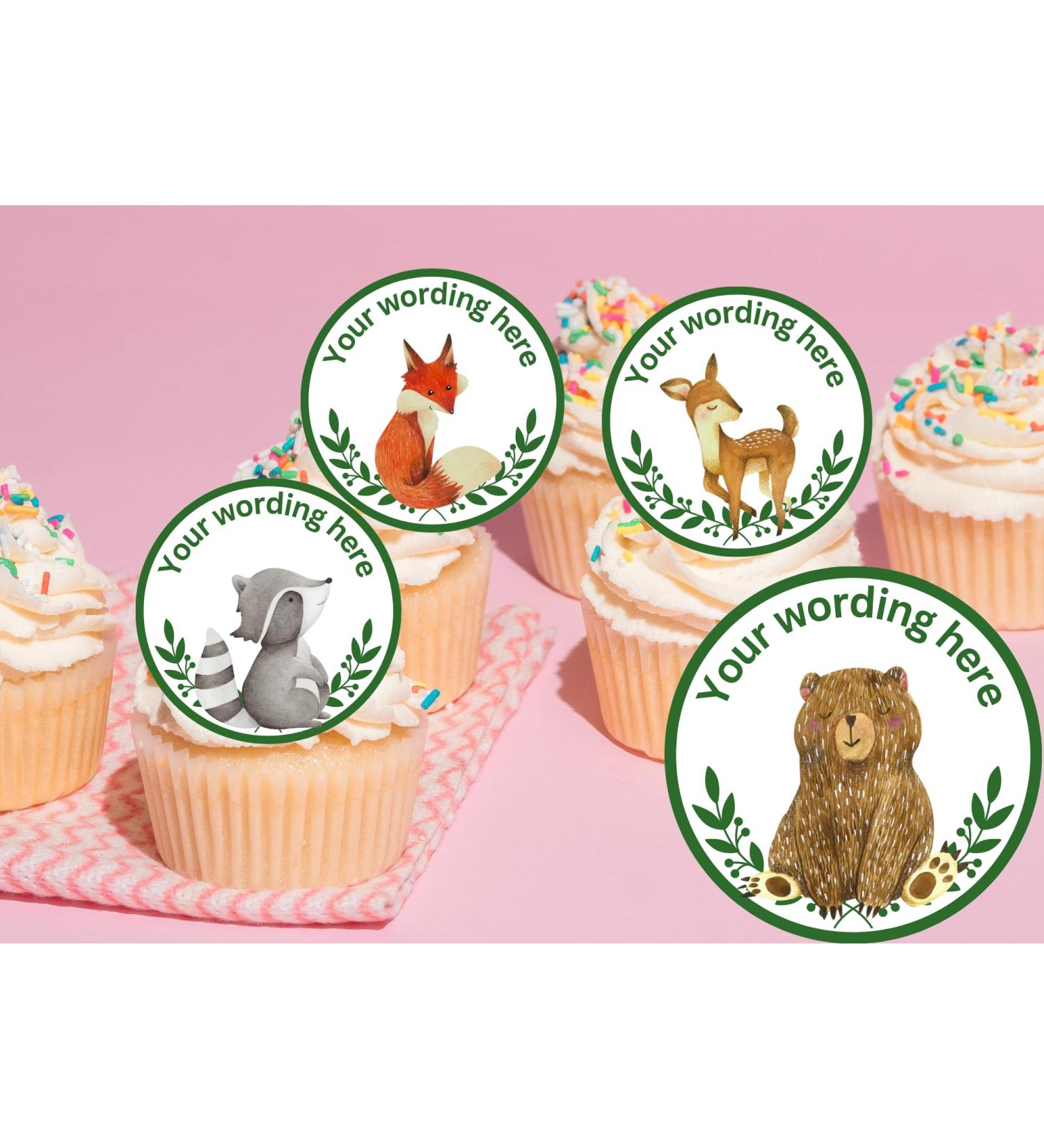 20 x EDIBLE Woodland Animal Personalised cupcake toppers wafer/icing uncut BIRTHDAY/BABY SHOWER/CHRISTENING/BAPTISM/ANY WORDING (icing paper)