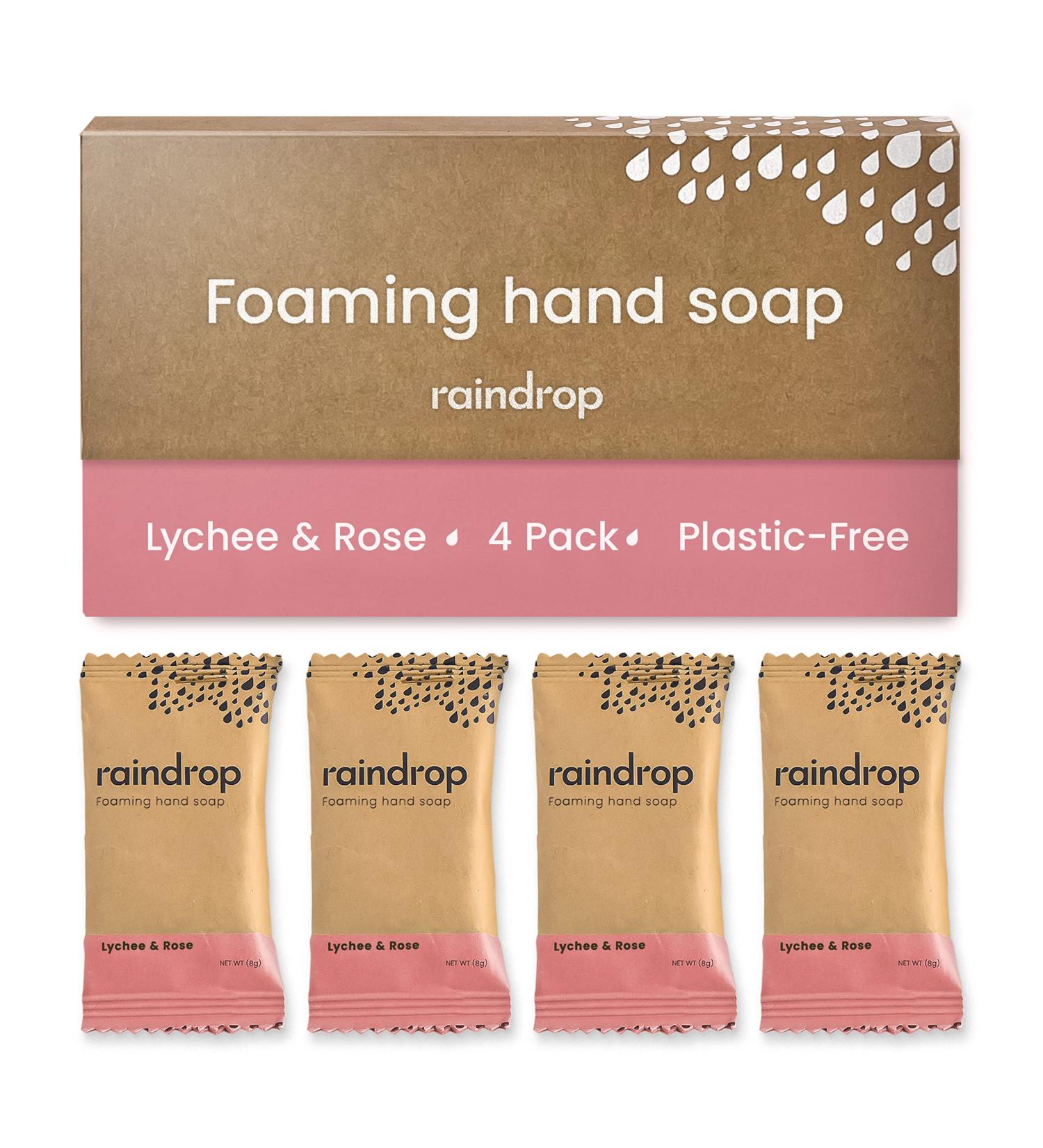 Raindrop Sustainable Hand Soap Refills - 4x Plastic-Free Foaming Lychee and Rose - Buy Online on GoSupps.com