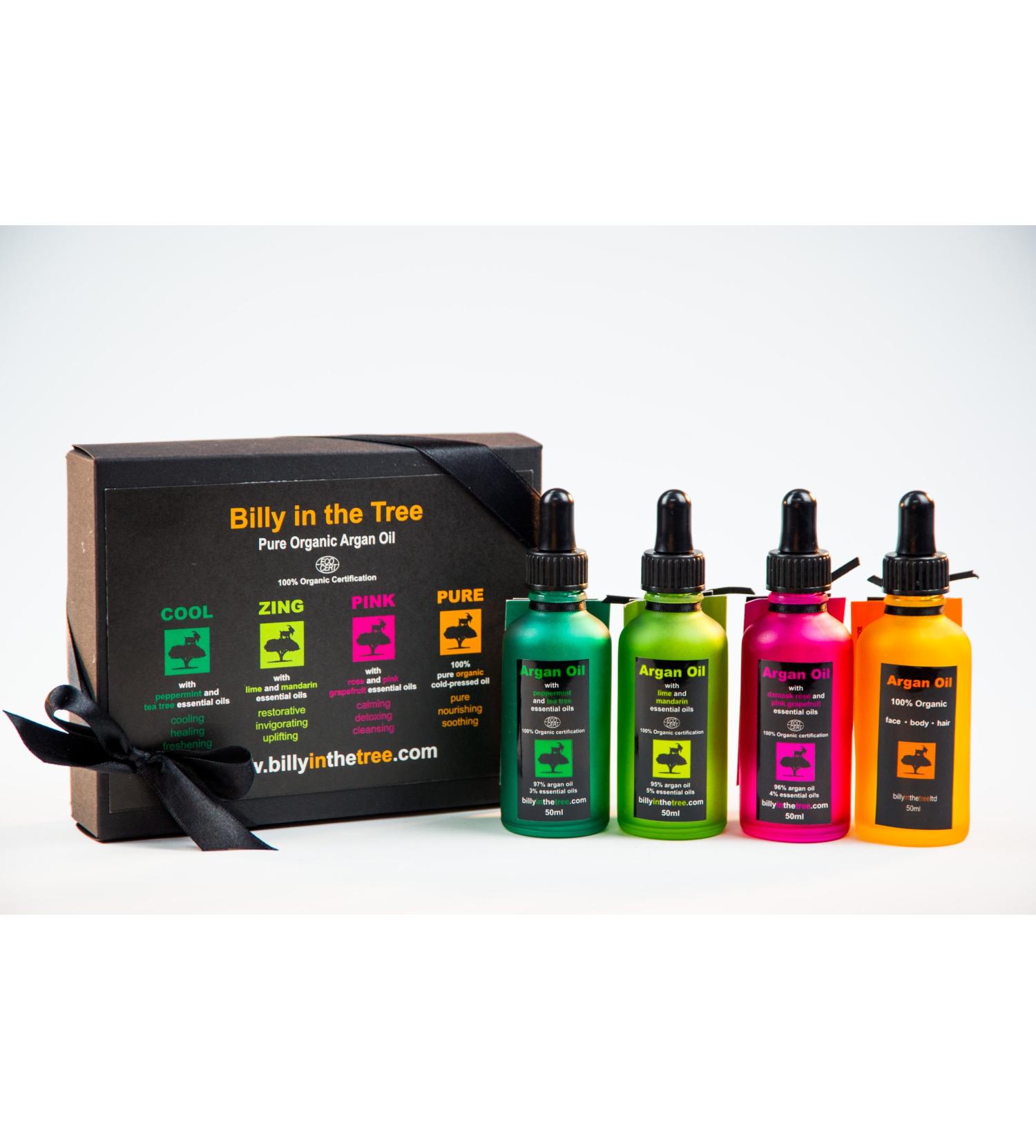 Argan Oil Gift Set No.1 4x50ml. (Cool Zing Pink & Pure) 100% Organic- 1x50ml Pure Organic Argan Oil. 1x50ml Pure Organic Argan Oil with Damask Rose and Grapefruit Essential Oils 1x50ml Pure Organic Argan Oil with Lime and Mandarin Essential Oils. 1x50ml P - Buy Online on GoSupps.com