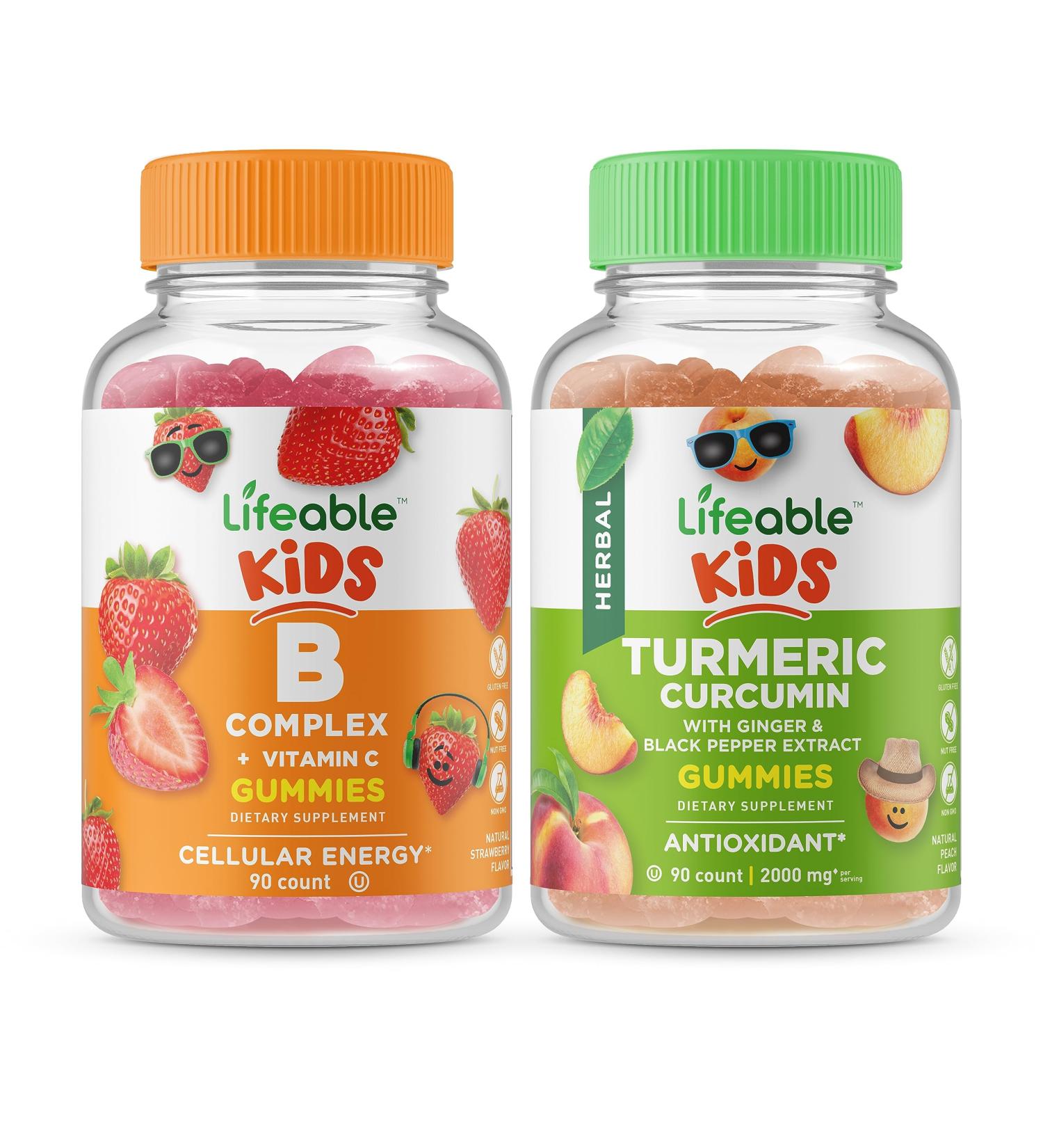 Lifeable B Complex Kids + Turmeric Curcumin Kids Gummies Bundle - Great Tasting Vitamin Supplement Gluten Free GMO Free Chewable Gummy - Buy Online on GoSupps.com