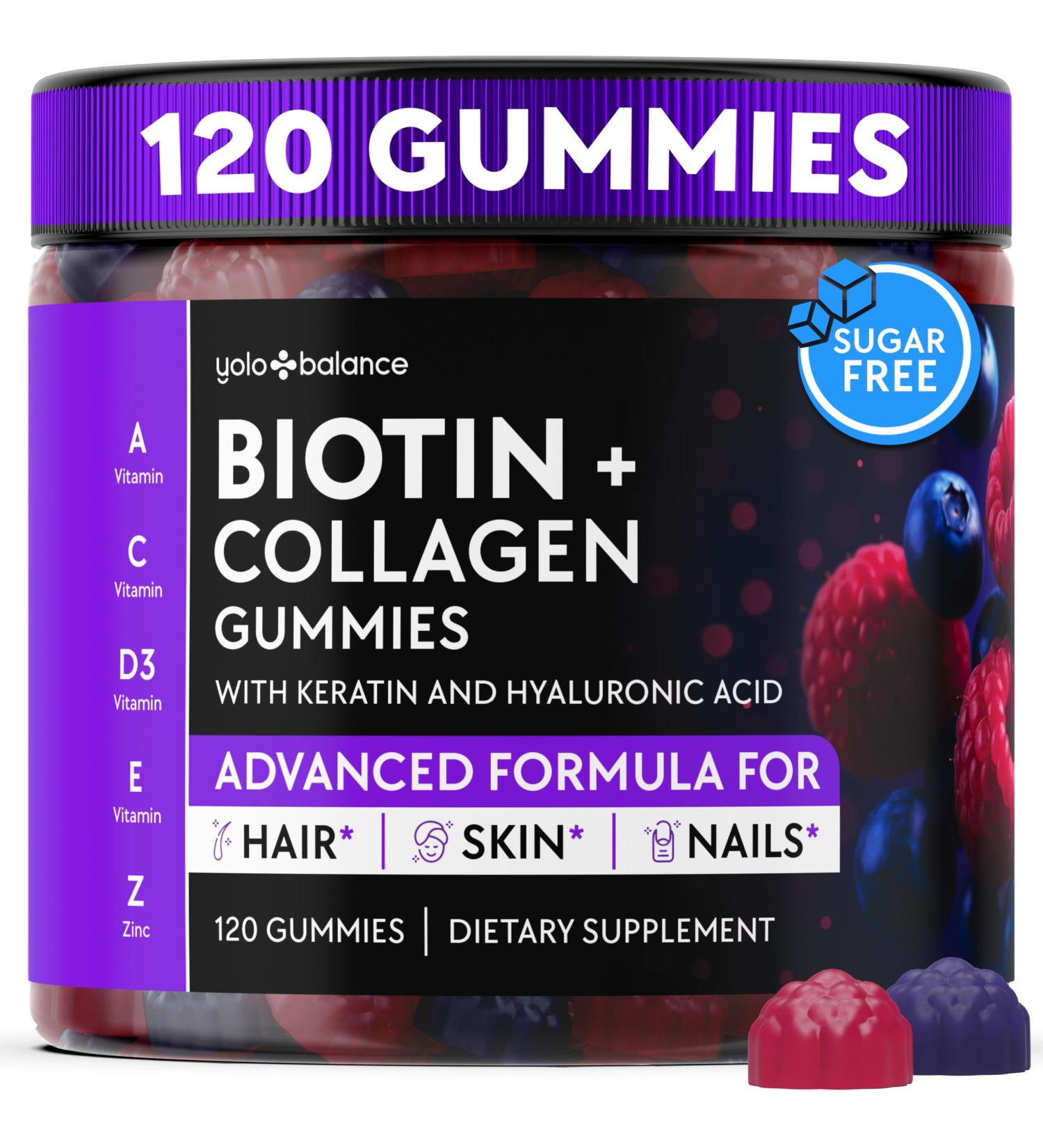 YOLOBALANCE Biotin Gummies 10000mcg for Hair Growth Support - Sugar Free Multi Collagen with Keratin Silica & Hyaluronic Acid - Pectin Based Soft Chew Hair Skin and Nails Vitamins - 120 Count - Buy Online on GoSupps.com