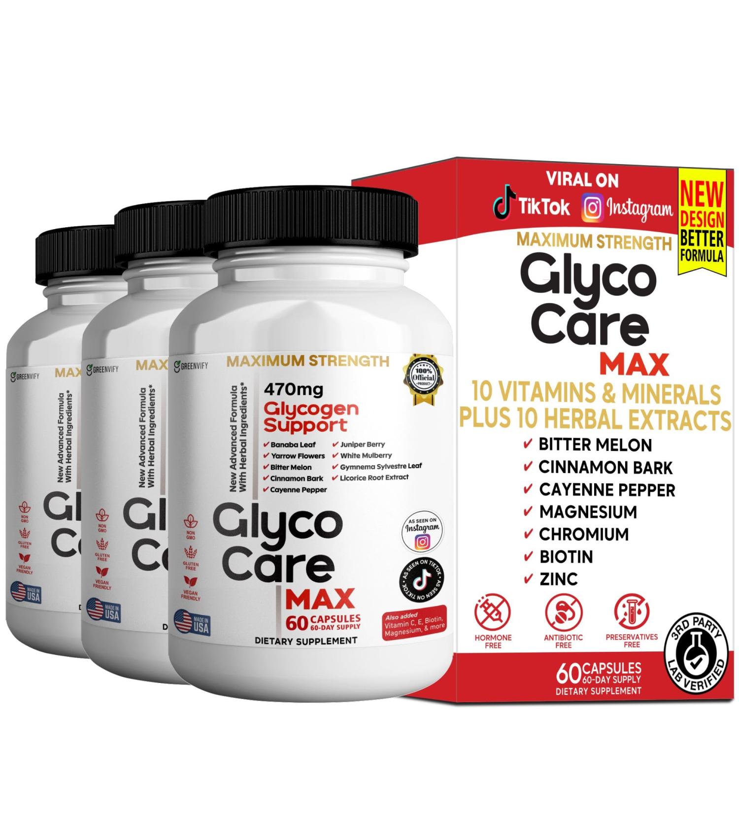 GREENVIFY GlycoCare MAX Glycogen Support Supplement 60 Capsules with Banaba Leaf Juniper Berry Vitamins & Minerals (3) - Buy Online on GoSupps.com