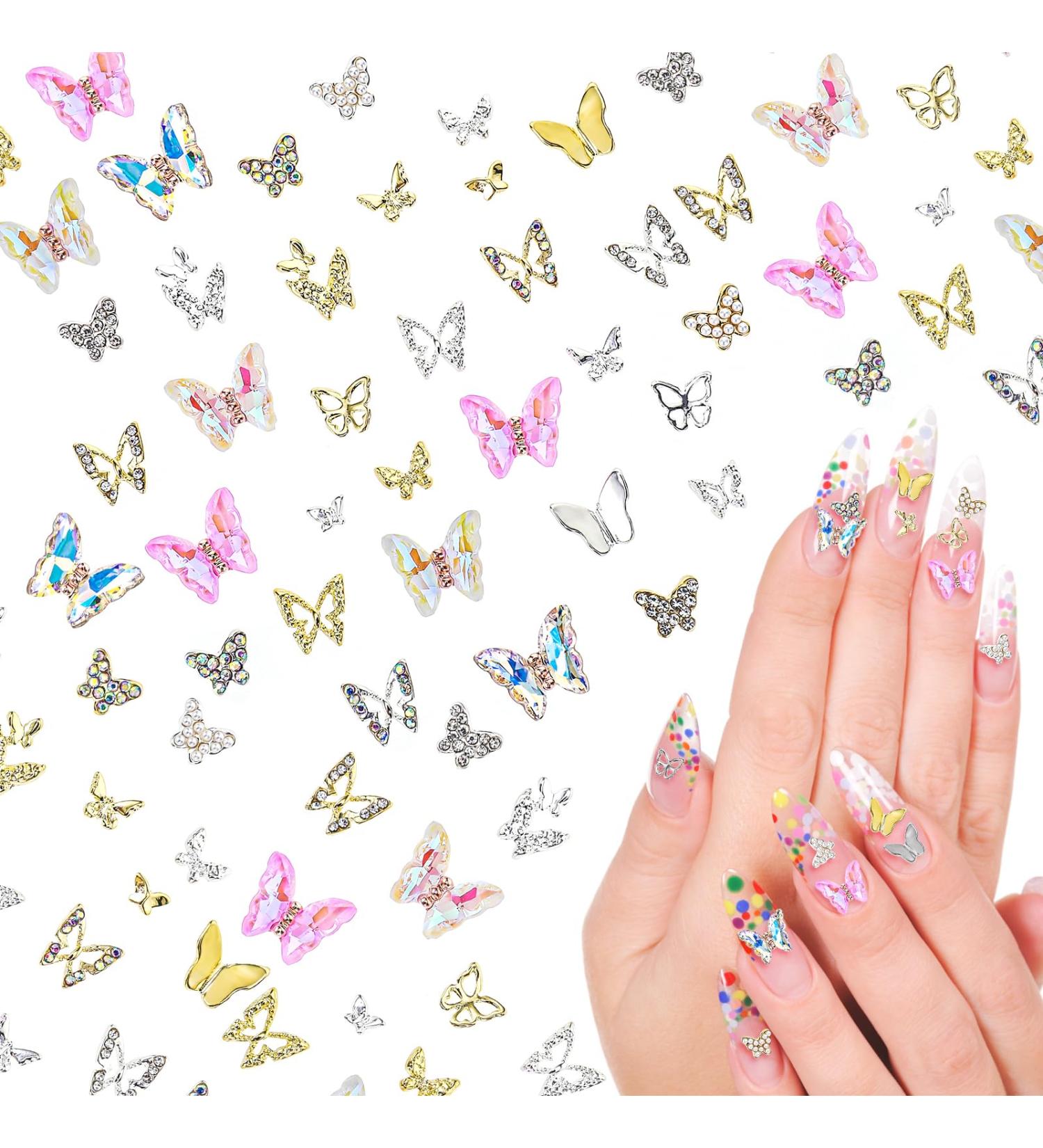 31-Piece Butterfly Nail Charms Set | 3D Alloy & Glitter Metal Nail Art Pendants | Luxury Gold & Silver Decorations for Stunning Nail Art - Buy Online on GoSupps.com