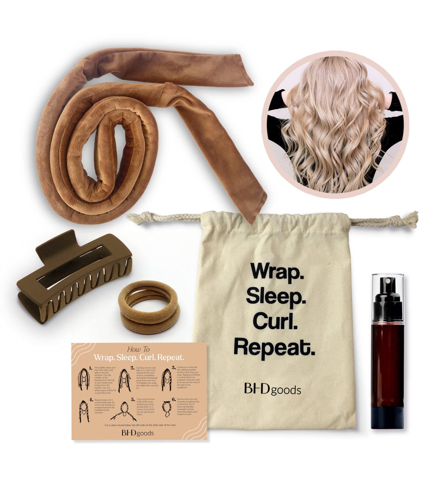 BHDgoods Heatless Curling Set - Overnight Curlers Velour Headband for Long Hair | Non-Heated Lazy Hair Curler Kit with Airless Spritz Bottle - 5 Piece Set in Caramel - Buy Online on GoSupps.com