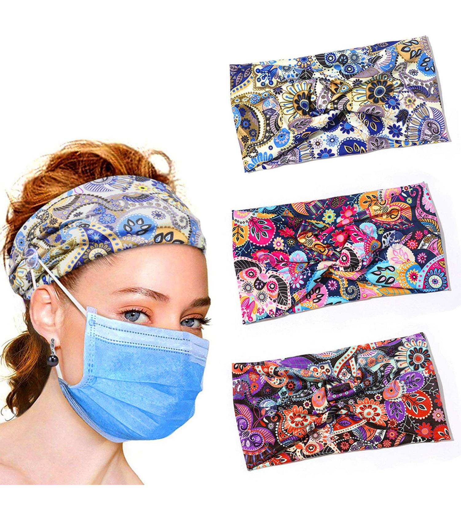 3 Pcs Non Slip Silk Boho Headbands with Buttons - Wide Floral Stretch Headbands for Nurses, Girls, Yoga, Sports - Buy Online on GoSupps.com