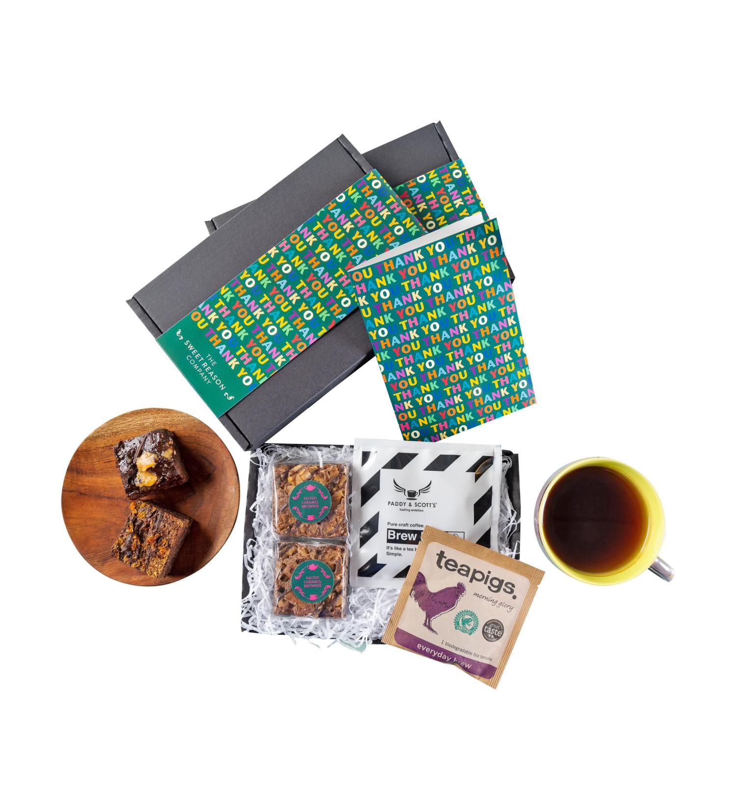 The Sweet Reason Company Salted Caramel Brownies coffee and tea letterbox-friendly gift box. Thank you gift. Letterbox-friendly gift (Thank you)