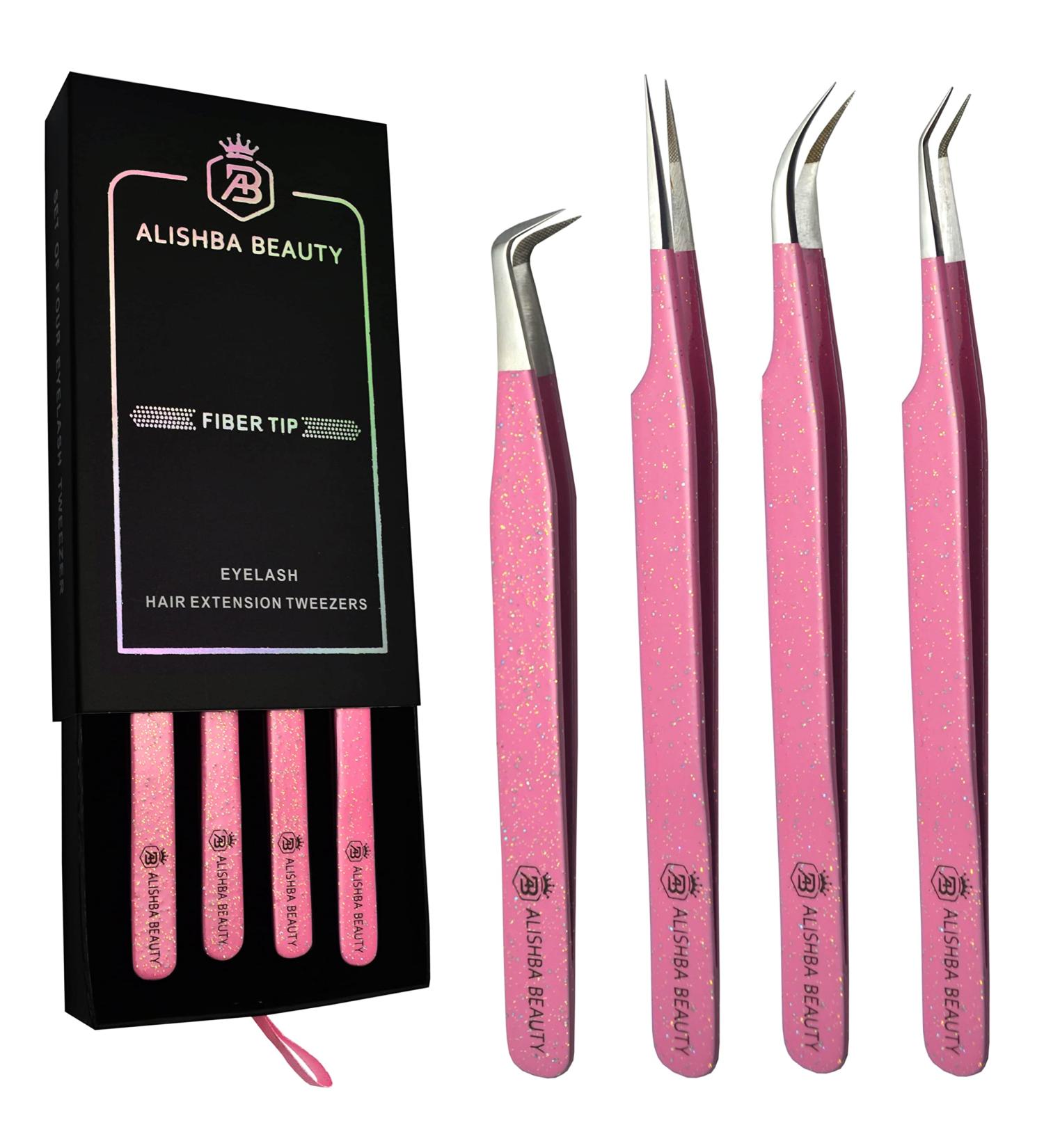 Alishba Beauty Glitter Sparkle Eyelash Extension Tweezers - Set of 4 Precision Fiber Tip Grip Japanes Stainless Steel Tweezers in Glitter Pink - Buy Online on GoSupps.com