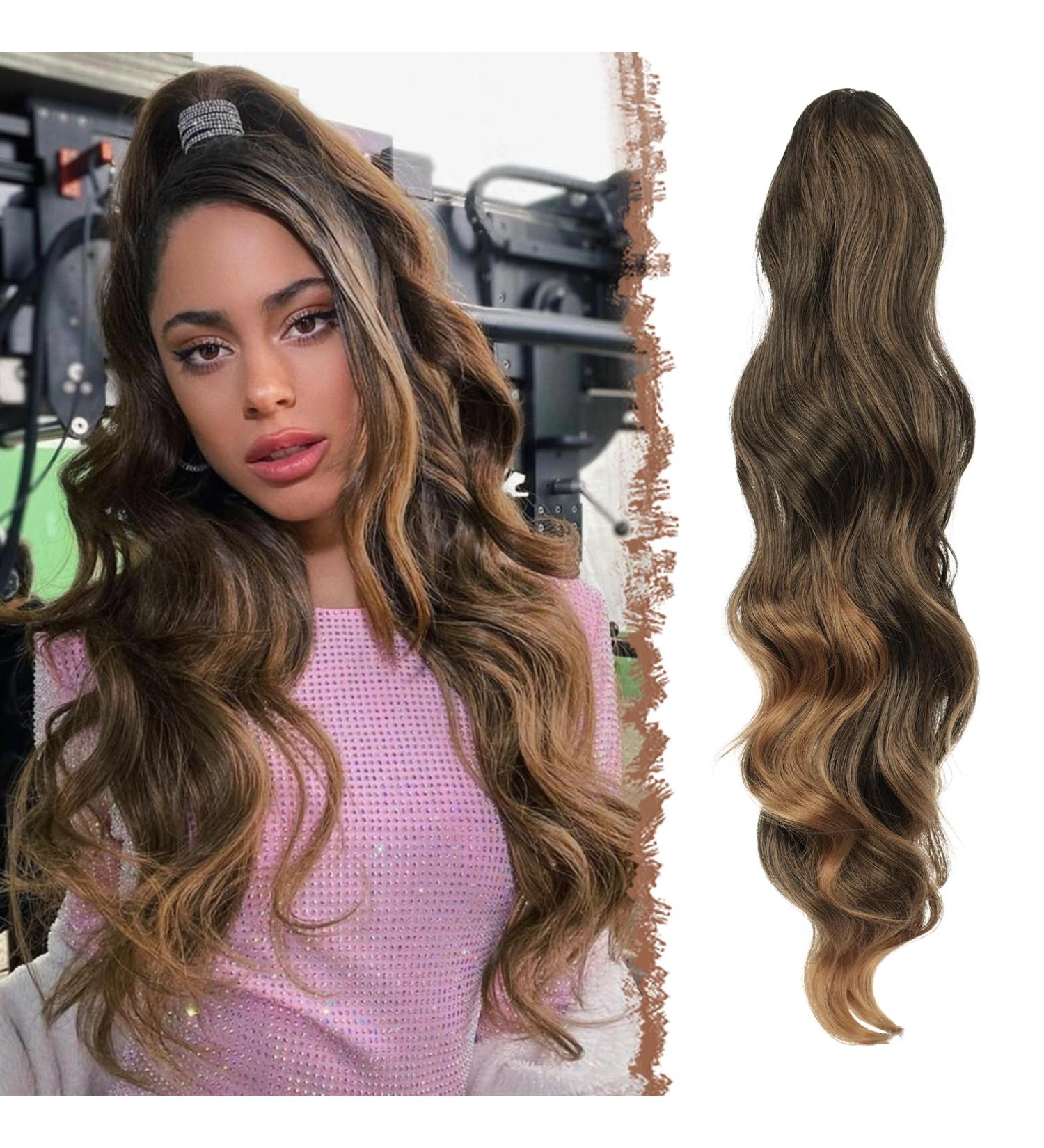 FESHFEN Long Curly Wavy Ponytail Extension 60cm Brown to Auburn - Clip in Synthetic Hairpiece for Women & Girls - Buy Online on GoSupps.com