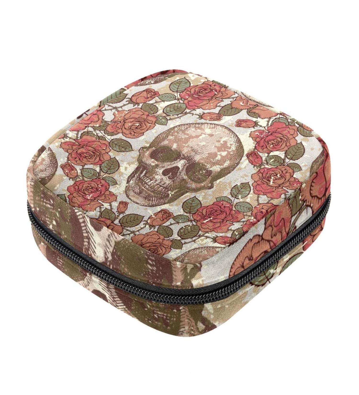 Retro Dead Head Roses Menstruation Pad Bag with Zipper | Stylish Women's Napkin & Tampon Storage | Perfect for Girls & Women - Buy Online on GoSupps.com