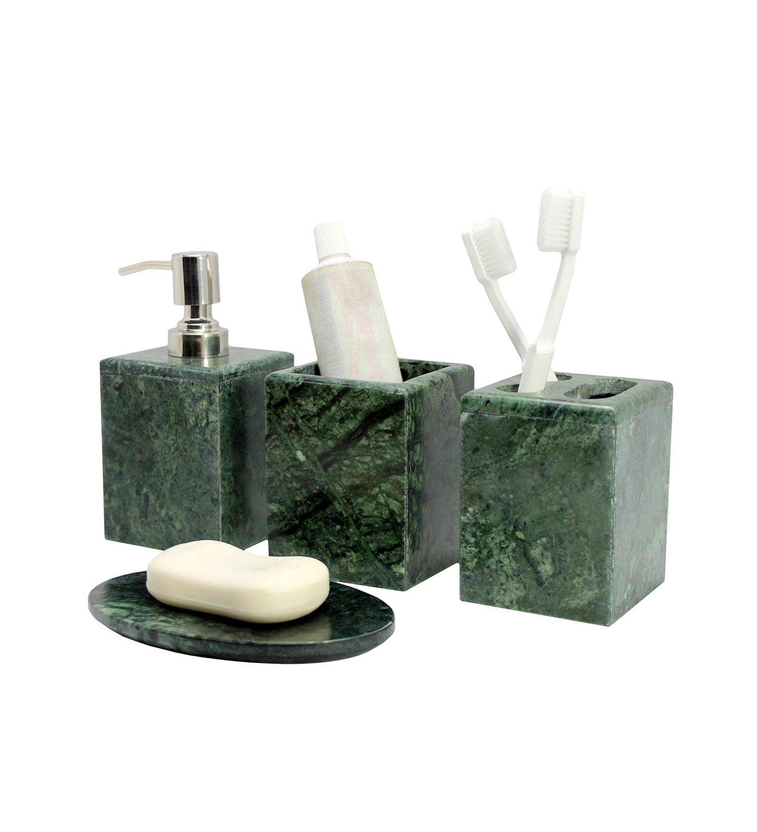 Kleo Luxury 4-Part Bathing Accessories Set | Green Liquid Soap Dispenser Toothbrush Holder Cup & Soap Shell | Premium Bathroom Accessories - Buy Online on GoSupps.com