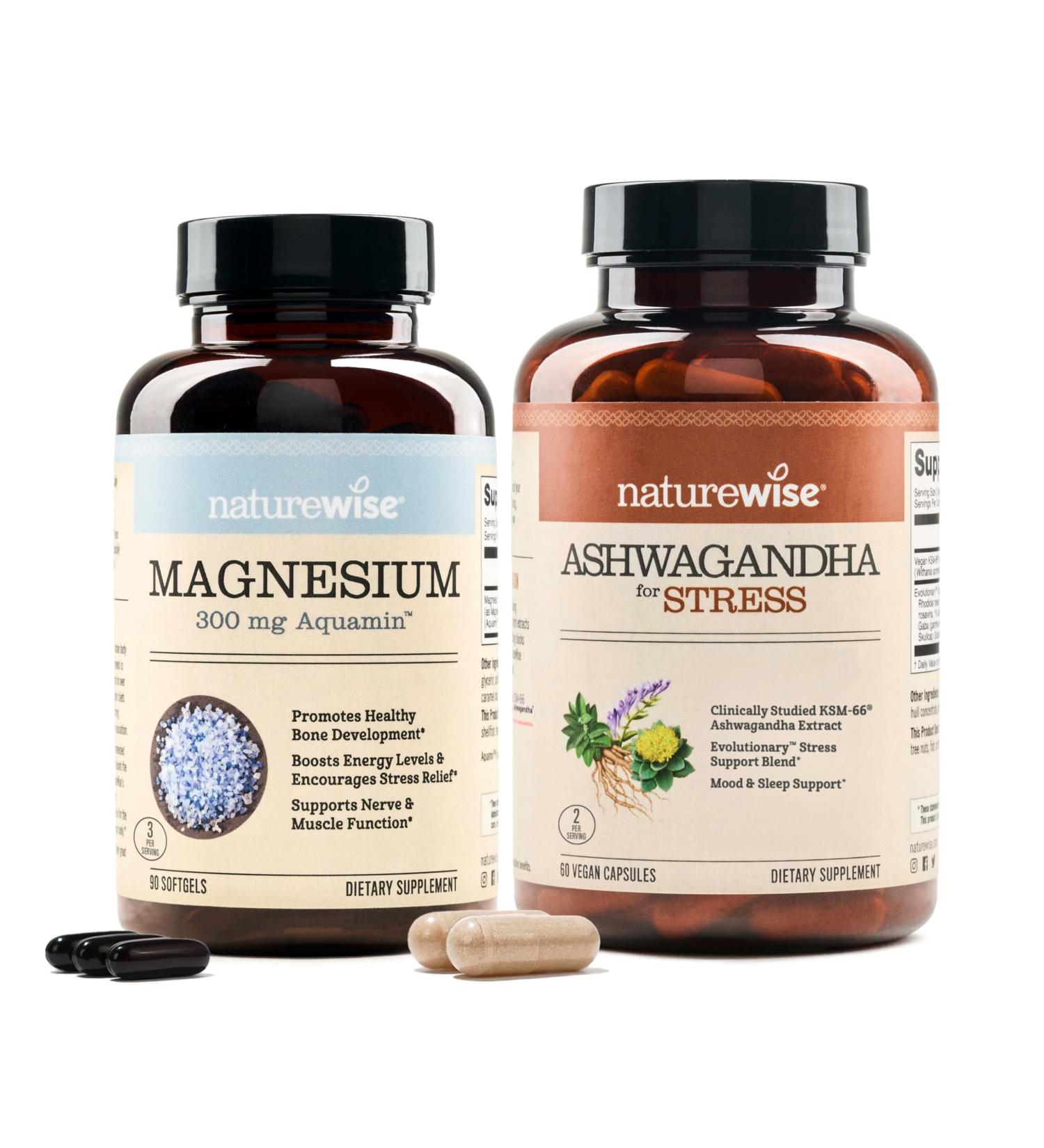 NatureWise 1 Marine Magnesium 300mg - Naturally Sourced Non-GMO - 90 Softgels 60-Day Supply + 1 Ashwagandha for Stress + GABA & L-Theanine - 60 Capsules 30-Day Supply  - Buy Online on GoSupps.com