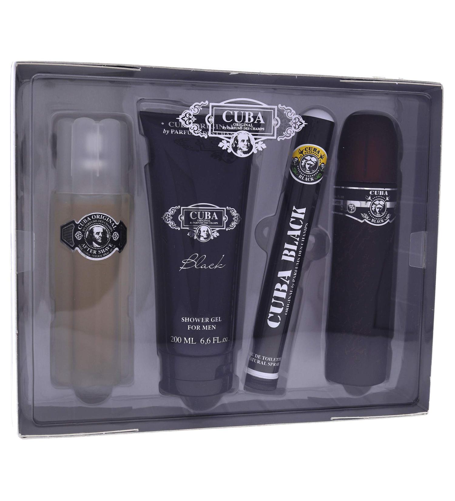 Cuba Black Men 4 Pc Gift Set 3.3oz EDT Spray, 1.7oz EDT Spray, 3.3oz After Shave, 6.7oz Shower Gel, (I0101683)