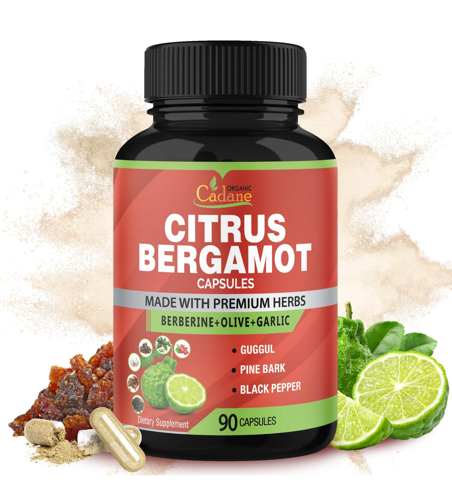 Organic Cadane Citrus Bergamot Supplement Extract Capsules 90 Caps 3 Months Supply & Berberine Olive Guggul Garlic Pine Bark Black Pepper - Buy Online on GoSupps.com