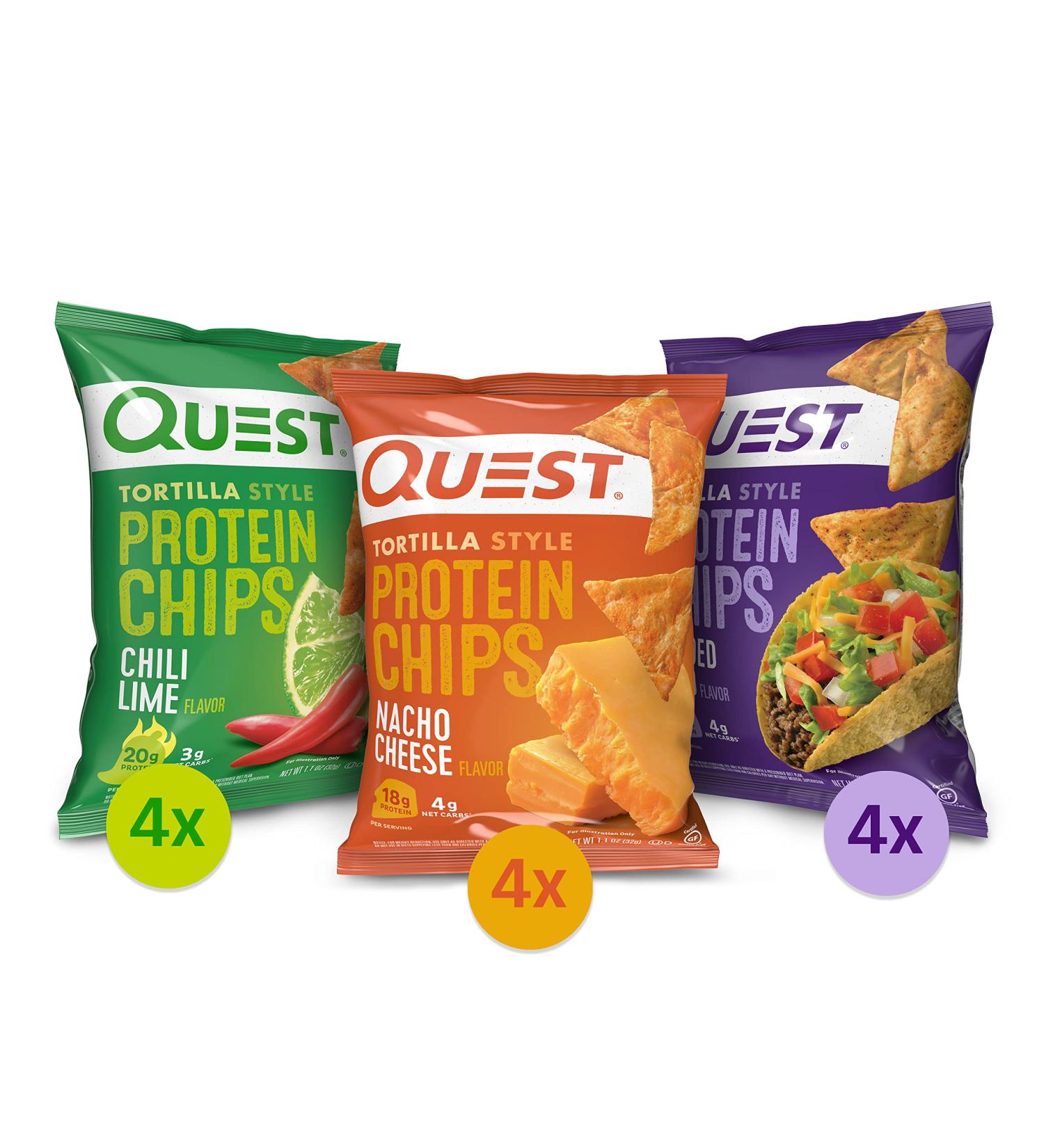 Quest Tortilla Style Protein Chips Variety Pack - Chili Lime, Nacho Cheese, Loaded Taco - 1.1 oz (12 Pack) - Buy Online on GoSupps.com