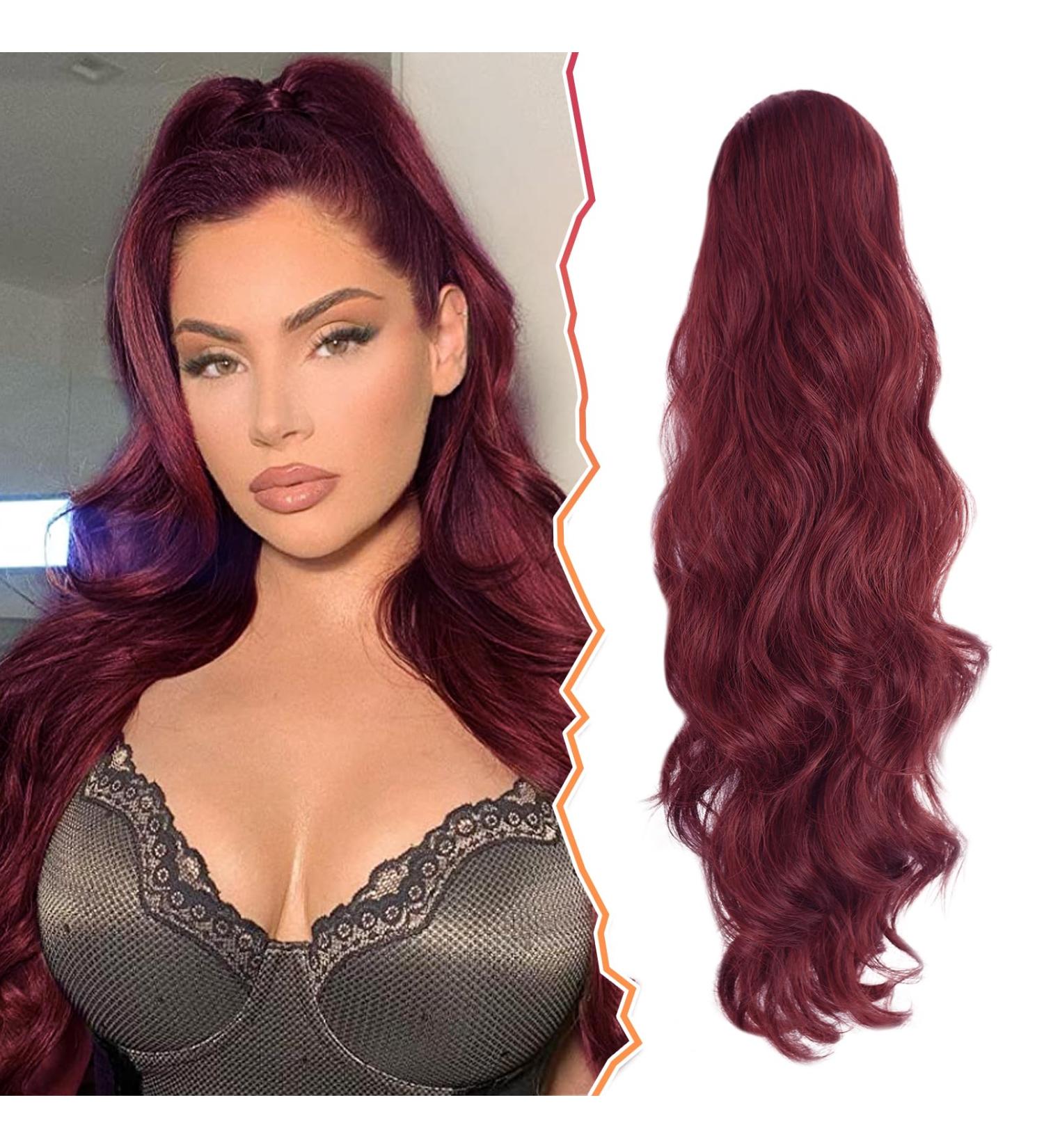 BARSDAR 65 cm Burgundy Wavy Ponytail Extension - Synthetic Hair for Women & Girls - Easy Clip-In Curls - Buy Online on GoSupps.com