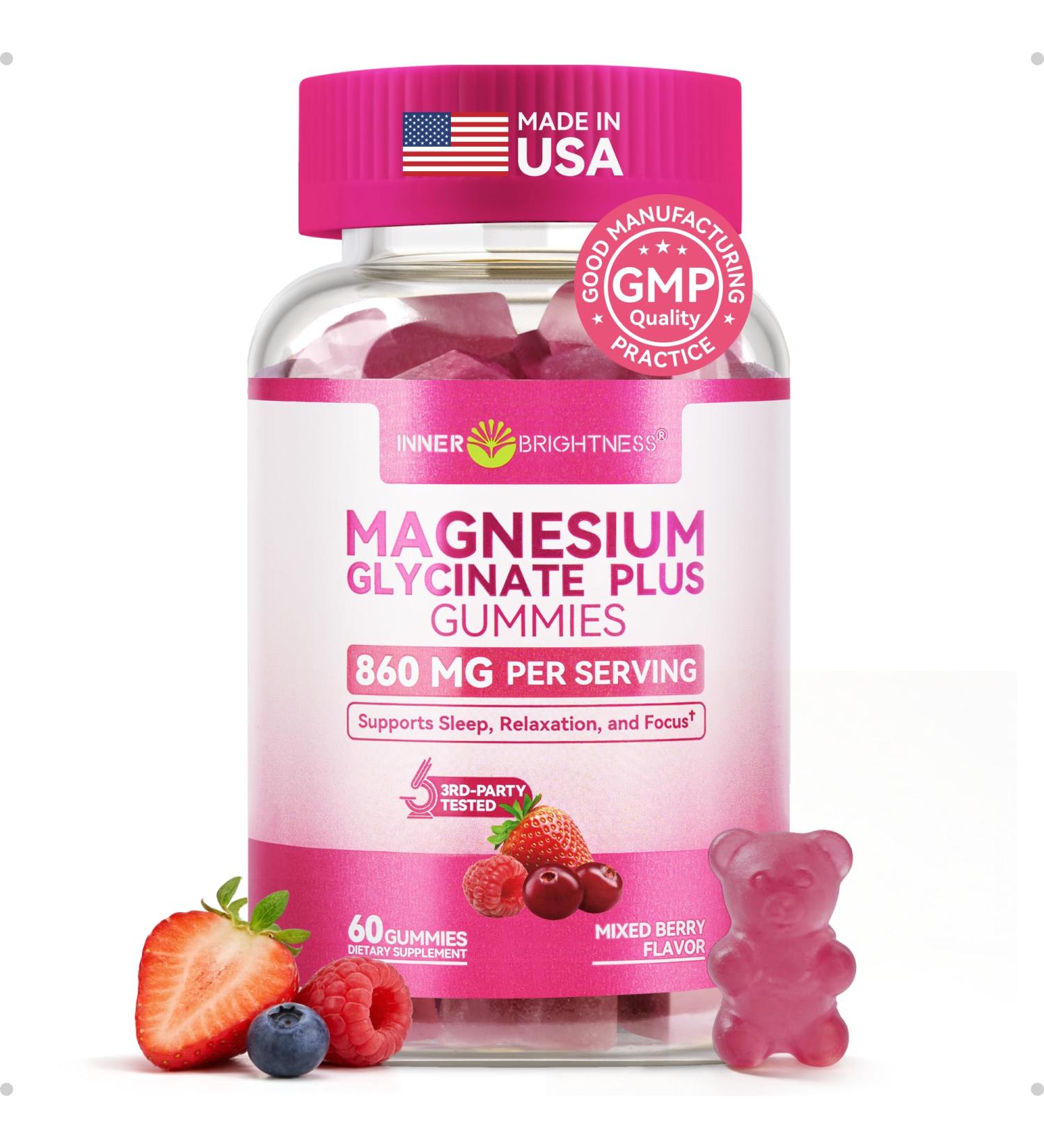 Magnesium Glycinate Plus Gummies 860mg Sugar-Free Non-GMO Gluten-Free Magnesium Gummies for Adults & Kids Sleep Relaxation & Focus Magnesium Supplement for Women Mixed Berry Flavor 60 Count Mixed Berry 60 Count (Pa  - Buy Online on GoSupps.com