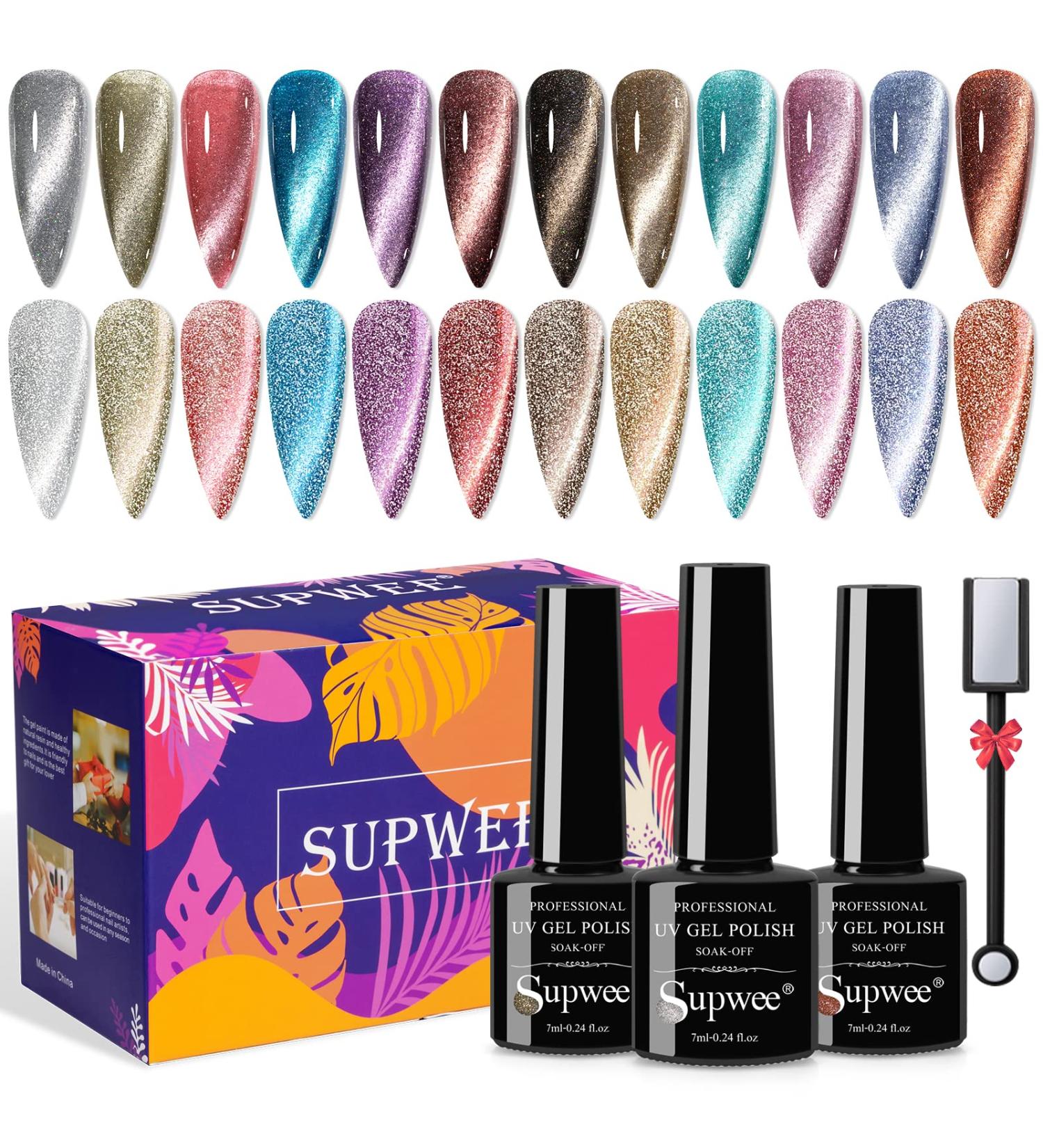 Supwee Reflective Cat Eye Gel Nail Polish Set - 12 Sparkling Colors with Magnet for DIY Manicure at Home or Salon - Buy Online on GoSupps.com