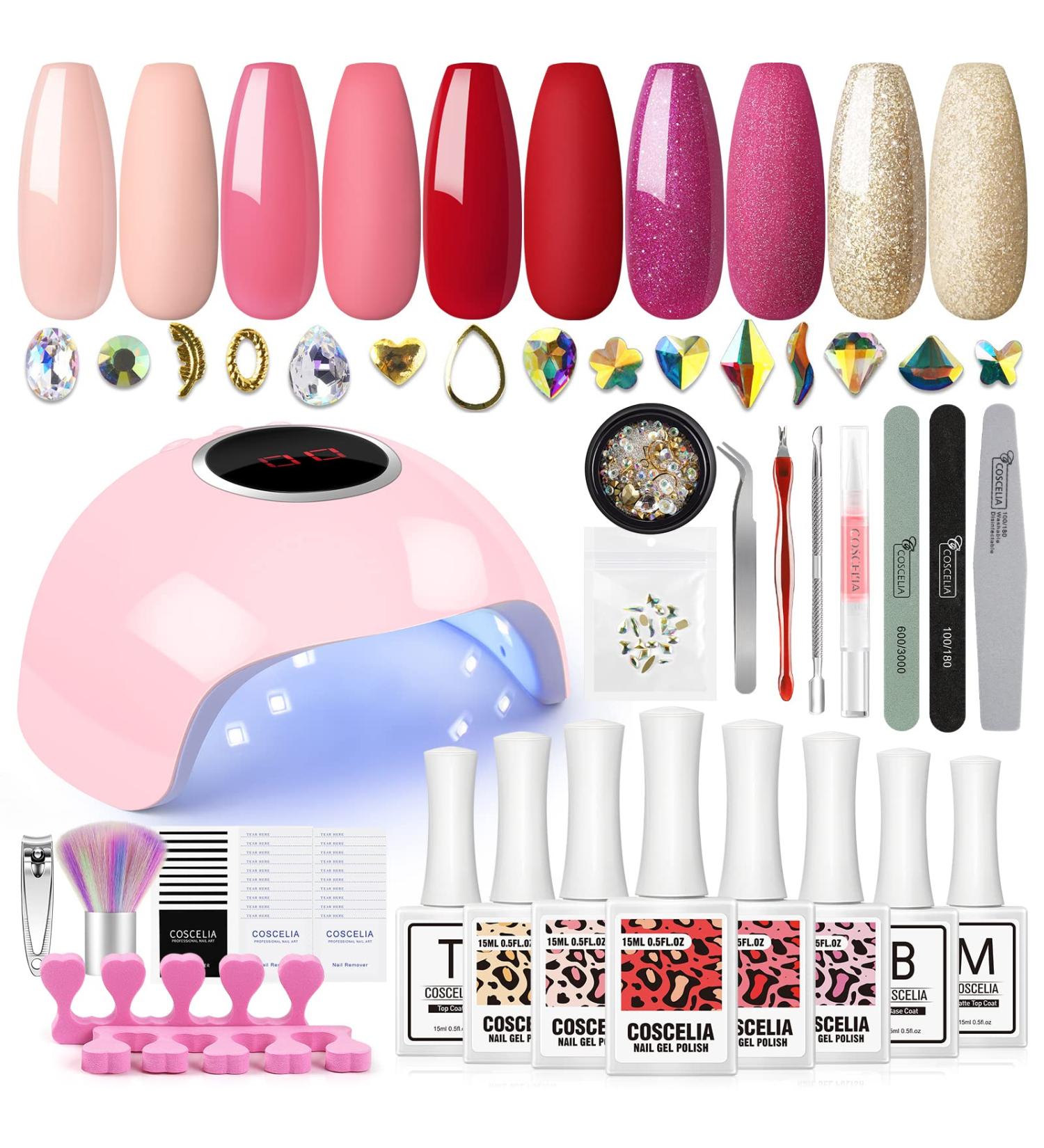 15ML Gel Nail Polish Kit with UV Light - Starter Kit with 24W LED Lamp, Glitter & Nude Colors, Matte Top Coat, Nail Art Rhinestones - DIY French Manicure Set - Buy Online on GoSupps.com