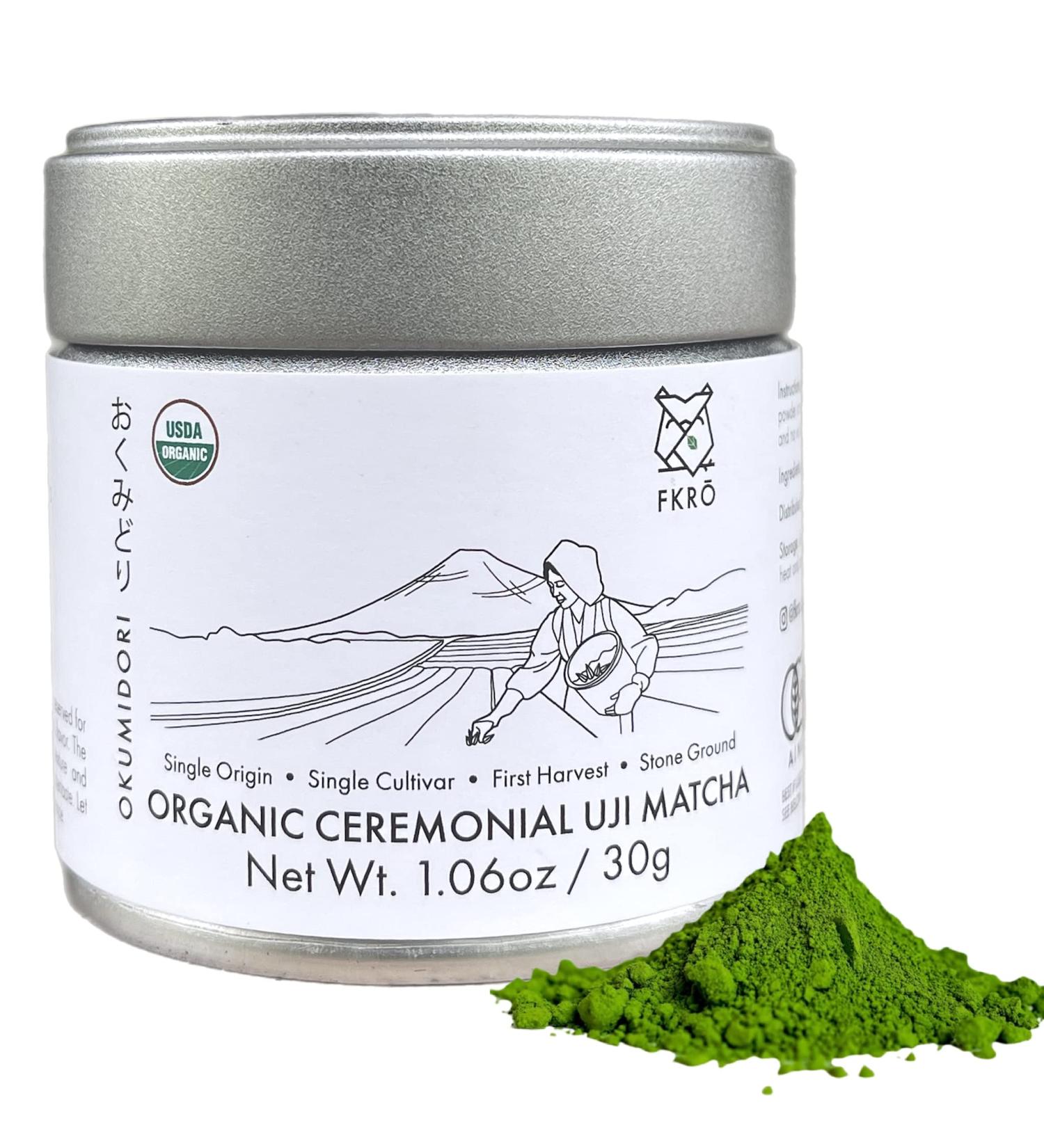 FKRO Organic Ceremonial Grade Matcha Green Tea Powder from Uji Japan | First Harvest Japanese Matcha (30g/1.06oz) Tin - Premium Single Origin - Buy Online on GoSupps.com