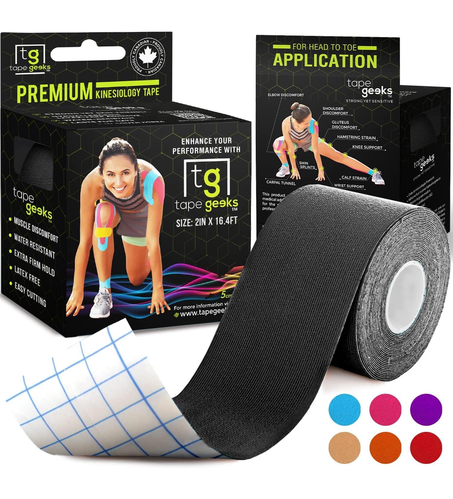 Shop TapeGeeks Kinesiology Tape - Black Athletic & Hypoallergenic Medical Tape for Muscle Support | 2" x 16.4' - Ideal for Lower Back Knee & Wrist Pain Relief - Buy Online on GoSupps.com