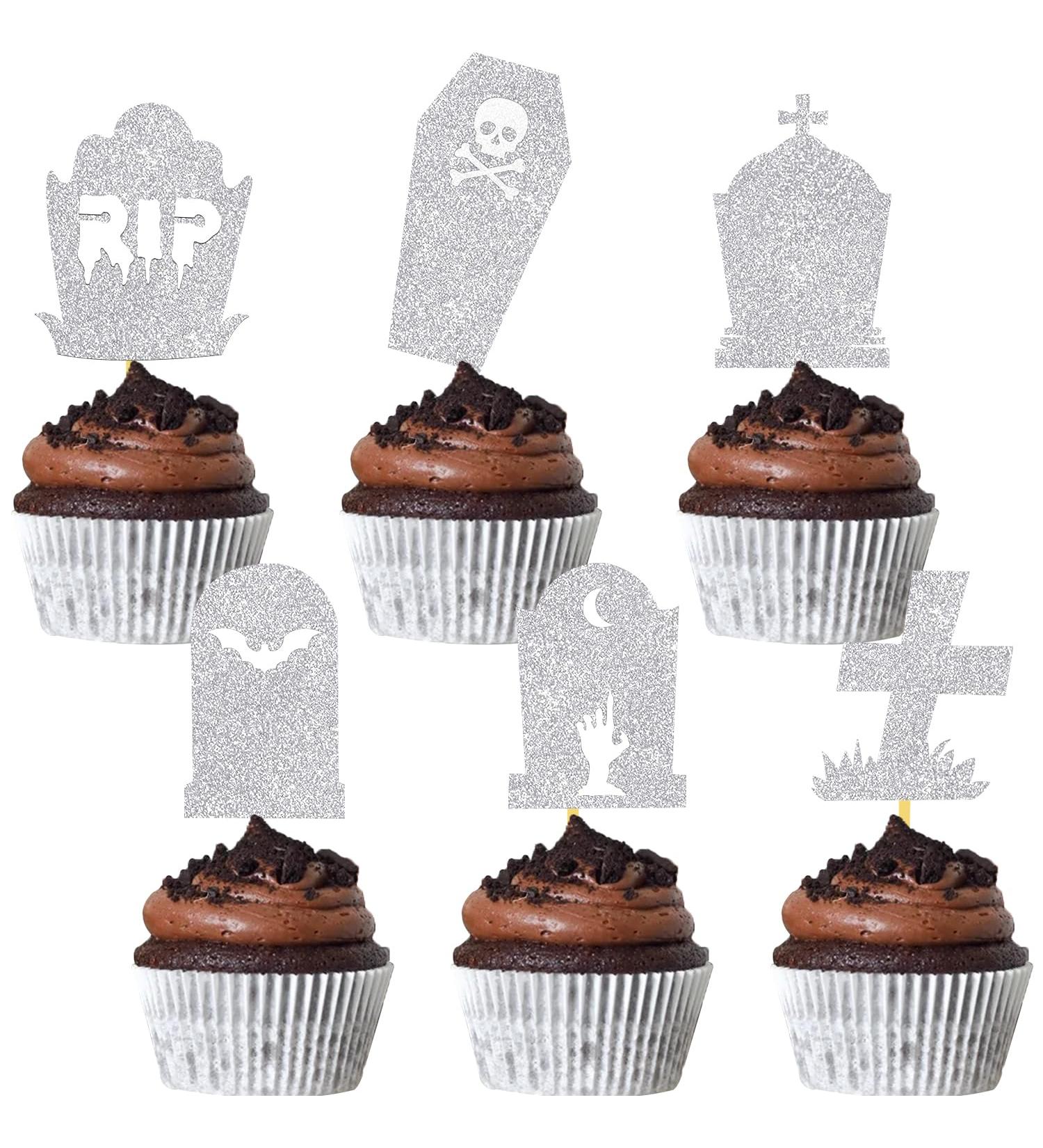 Silver Halloween Tombstone Cupcake Toppers Glitter RIP Spooky Skull Food Picks Cemetery Graves Zombie Birthday Party Decoration 24PCS - Buy Online on GoSupps.com