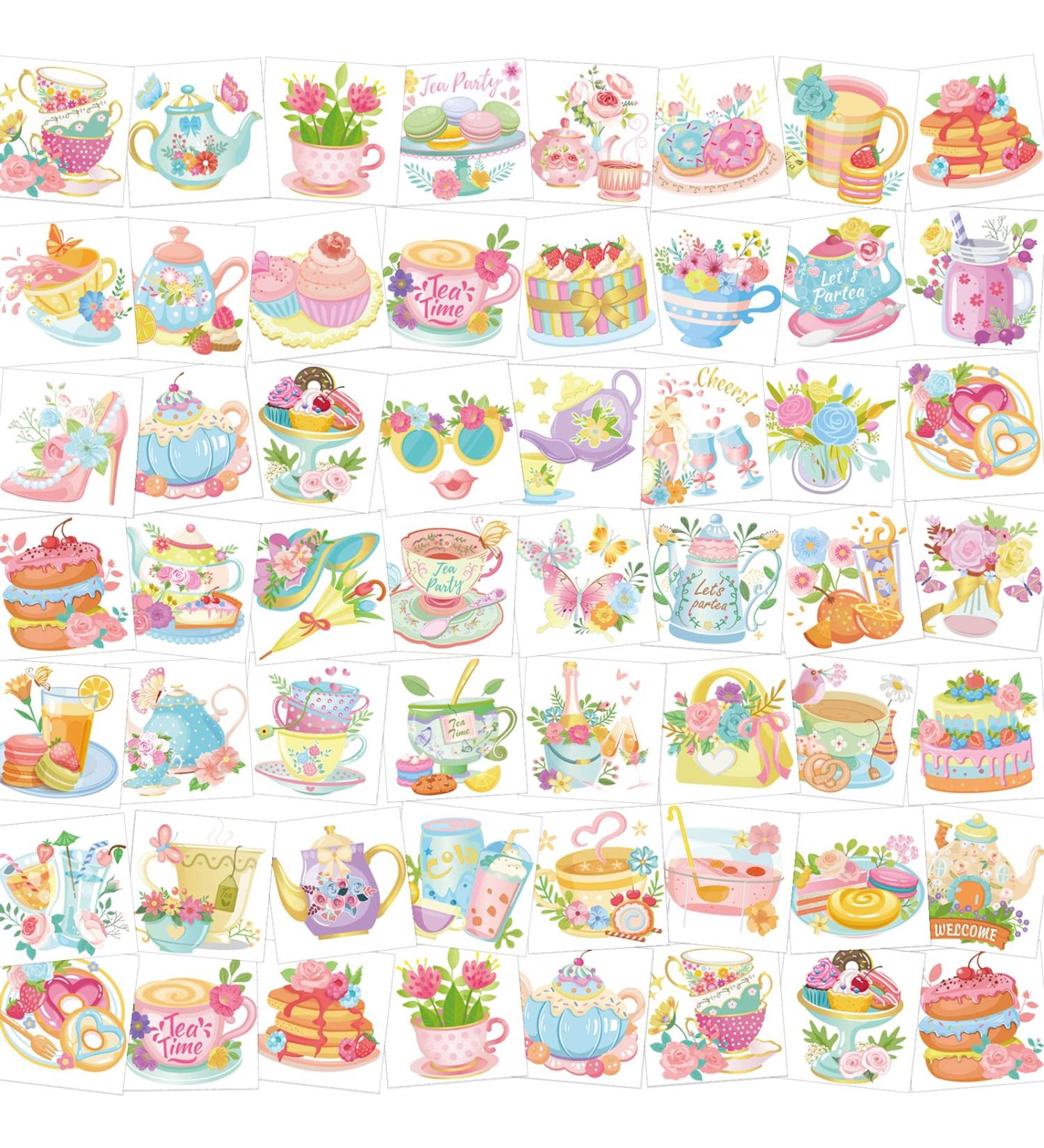 96 Tea Party Temporary Tattoos | 48 Styles Tea Party Birthday Supplies for Girls & Boys | Tea Kettle, Cupcakes | Partea Birthday Stickers - Buy Online on GoSupps.com