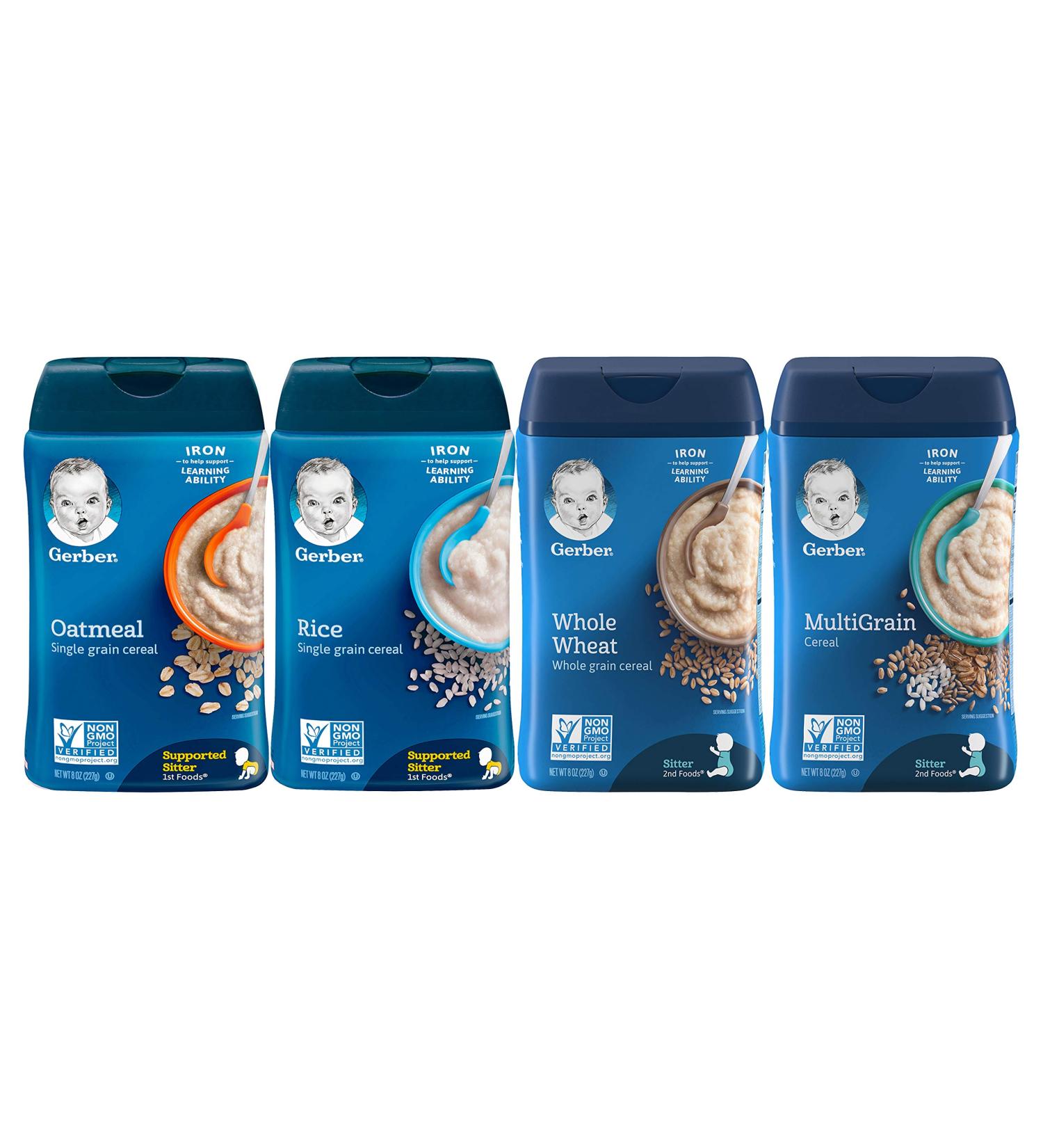 Gerber Baby Cereal Basic Flavor Variety Pack Combo- 8oz: Oatmeal Cereal  Rice Cereal  Multigrain Cereal  and Whole Wheat Cereal- Bundle of 4 8oz Containers - Buy Online on GoSupps.com